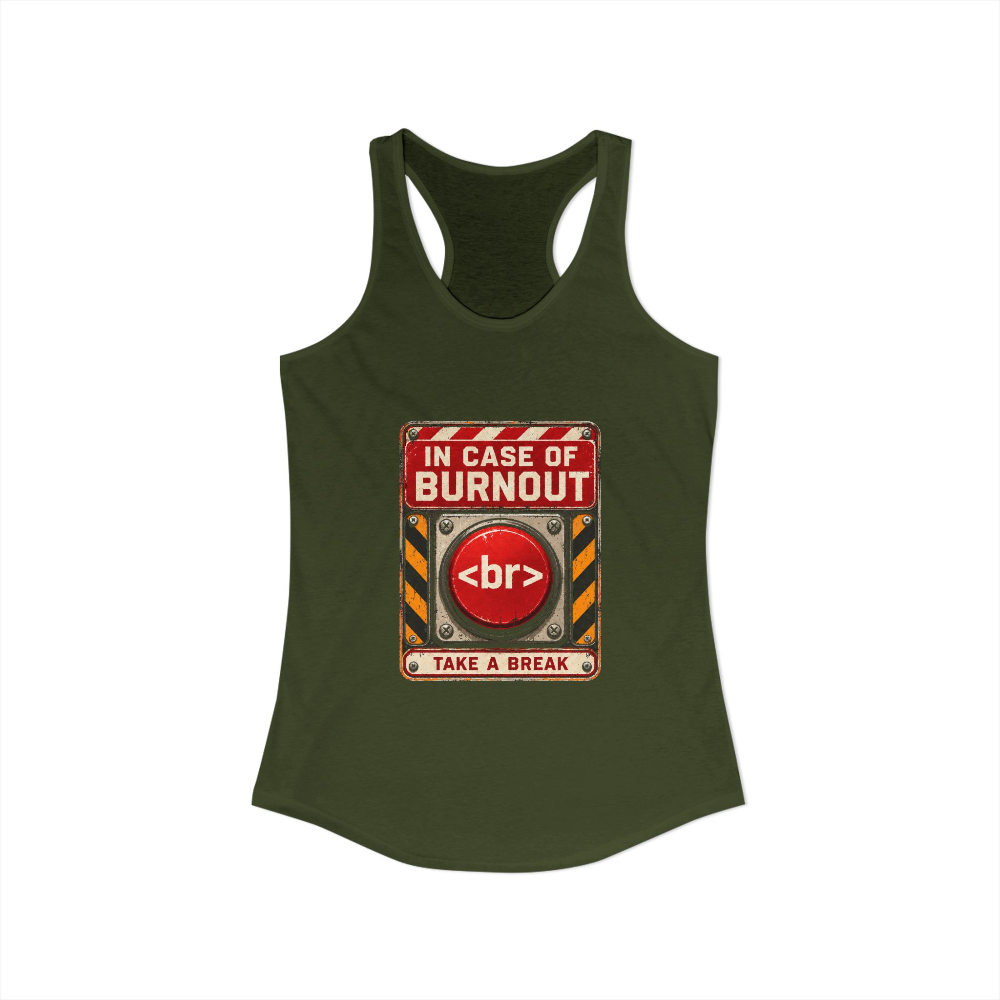 In Case of Burnout women's racerback tank in Solid Military Green, front view