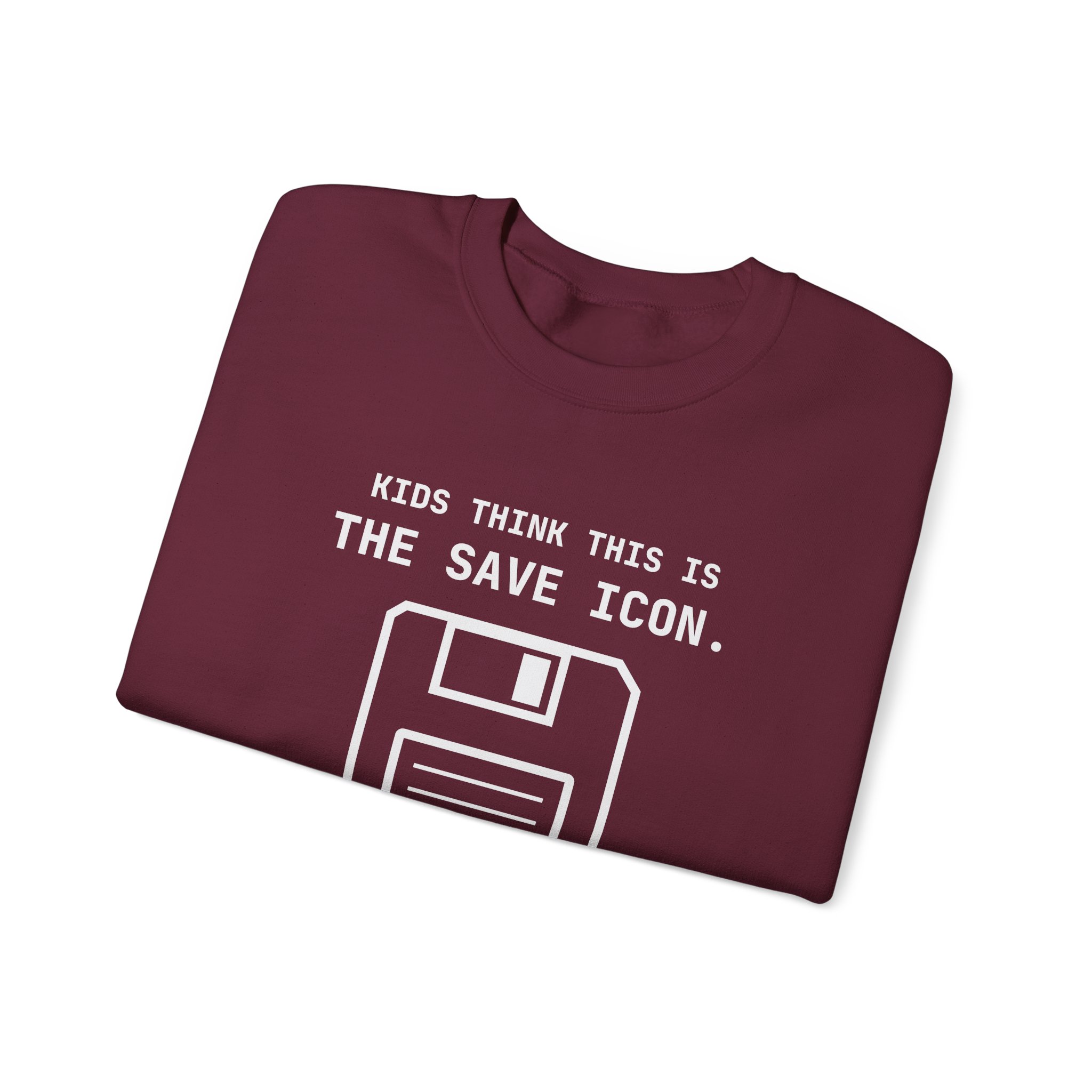 The Original Save Icon crewneck sweatshirt in Maroon, folded