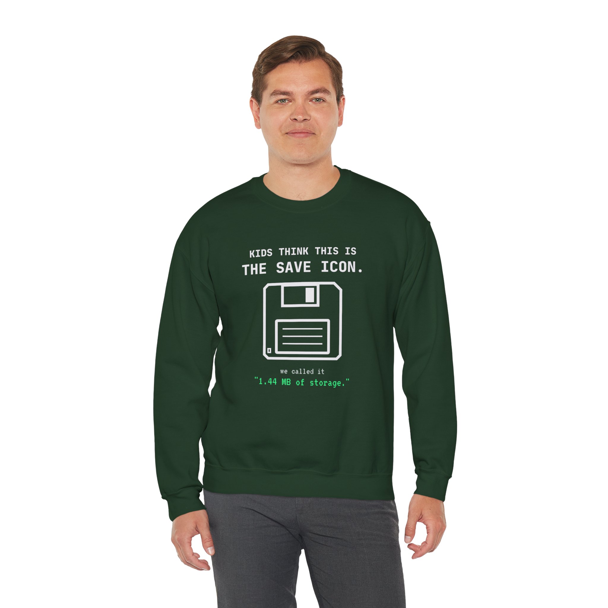 The Original Save Icon crewneck sweatshirt in Forest Green, worn by a model, third view
