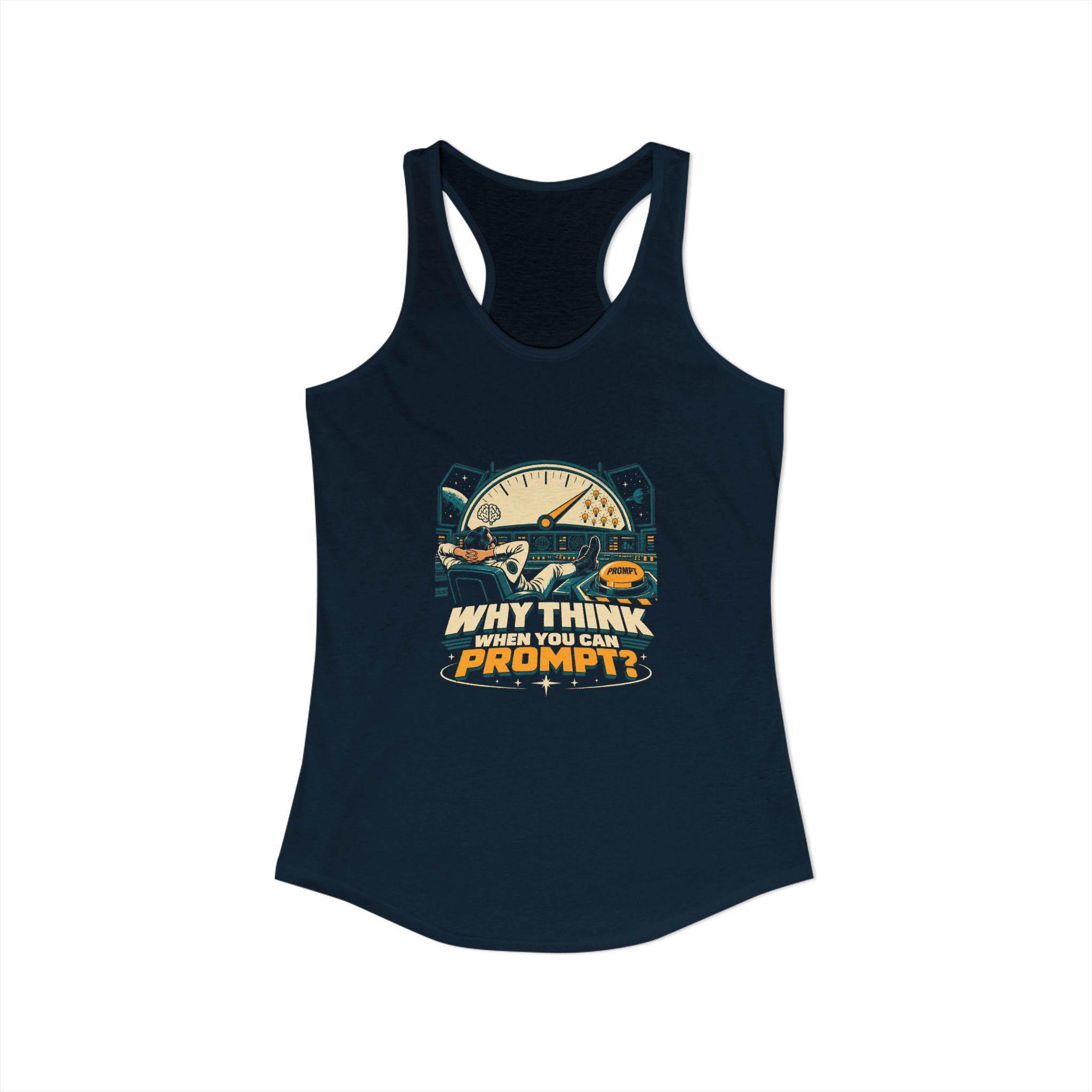 Prompt Mission Control women's racerback tank in Solid Midnight Navy, front view