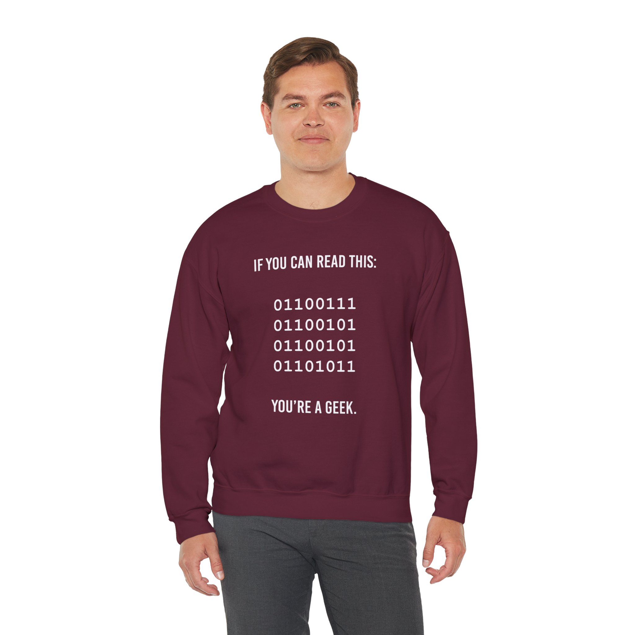 Geek Binary Code crewneck sweatshirt in Maroon, worn by a model, third view