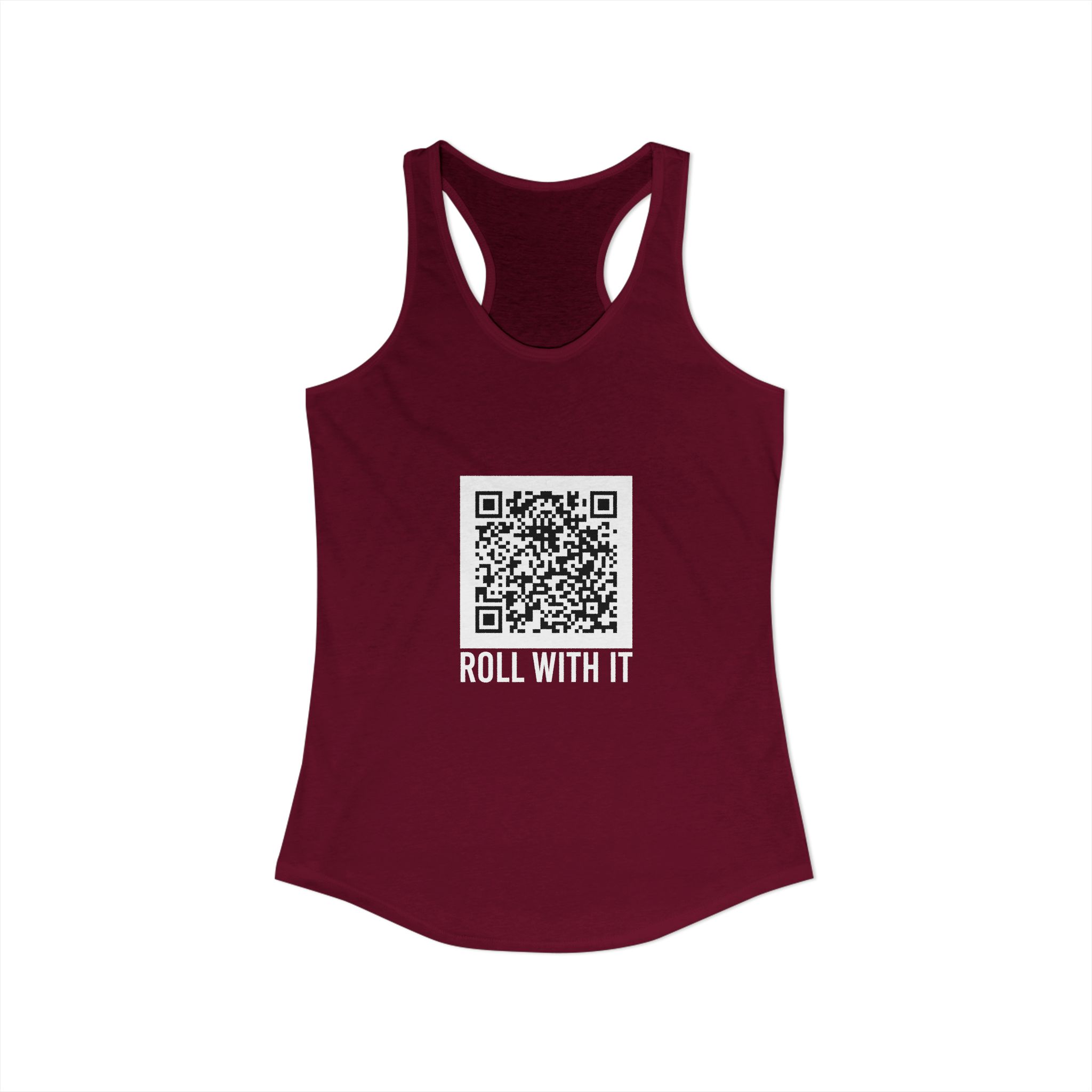 Roll With It QR Code women's racerback tank in Solid Cardinal Red, front view