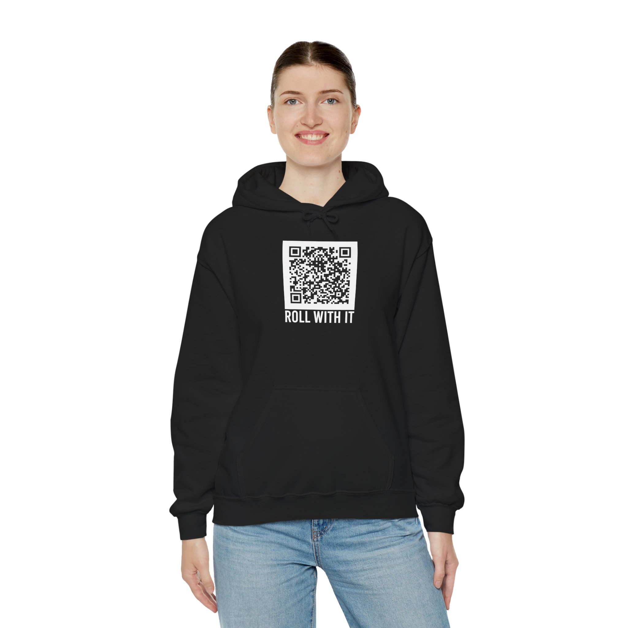Roll With It QR Code hoodie in Black, worn by a model, third view