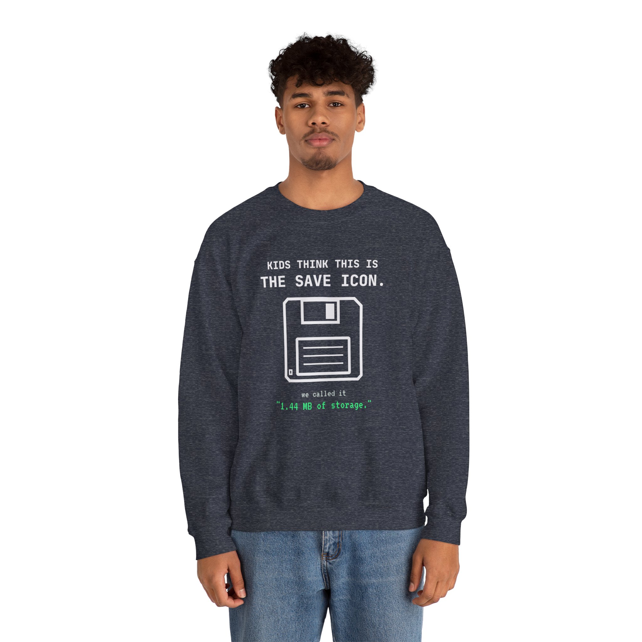 The Original Save Icon crewneck sweatshirt in Heather Sport Dark Navy, worn by a model, second view