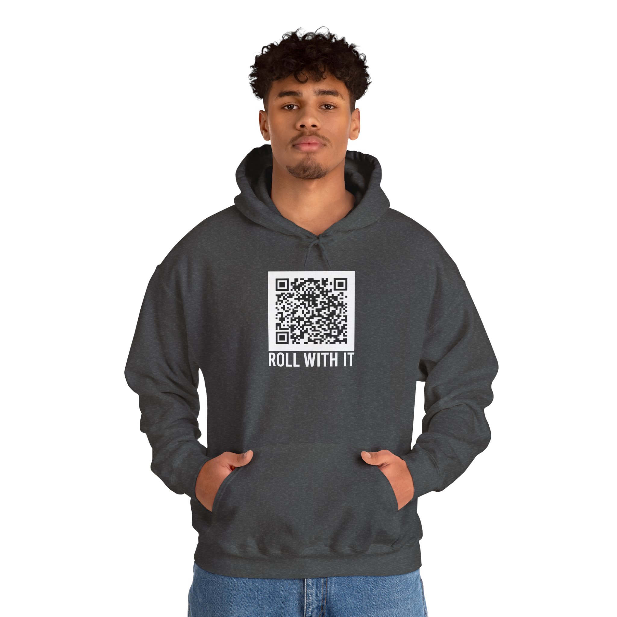 Roll With It QR Code hoodie in Dark Heather, worn by a model, second view