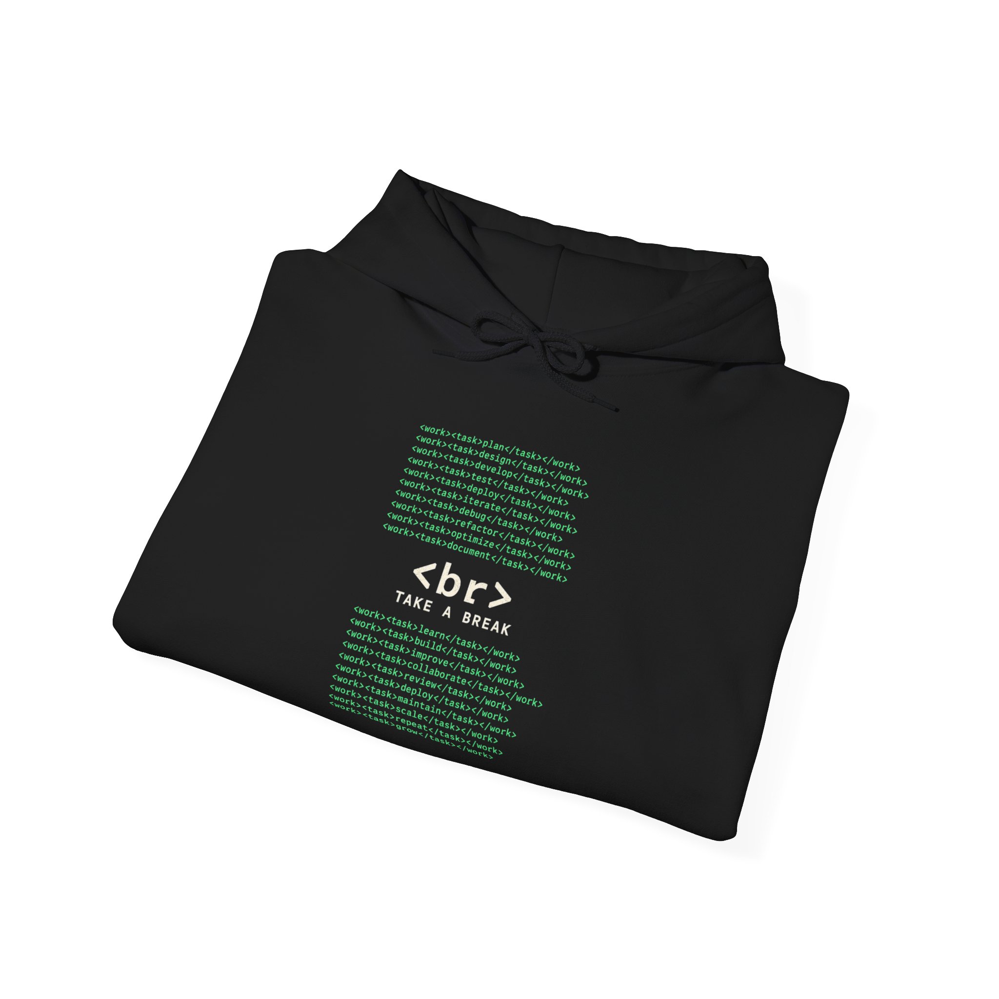 Work Work Break hoodie in Black, folded