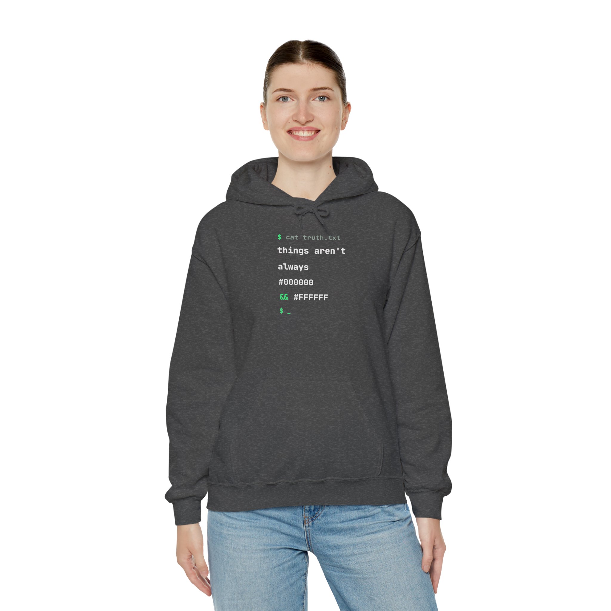 cat truth.txt hoodie in Dark Heather, worn by a model, third view