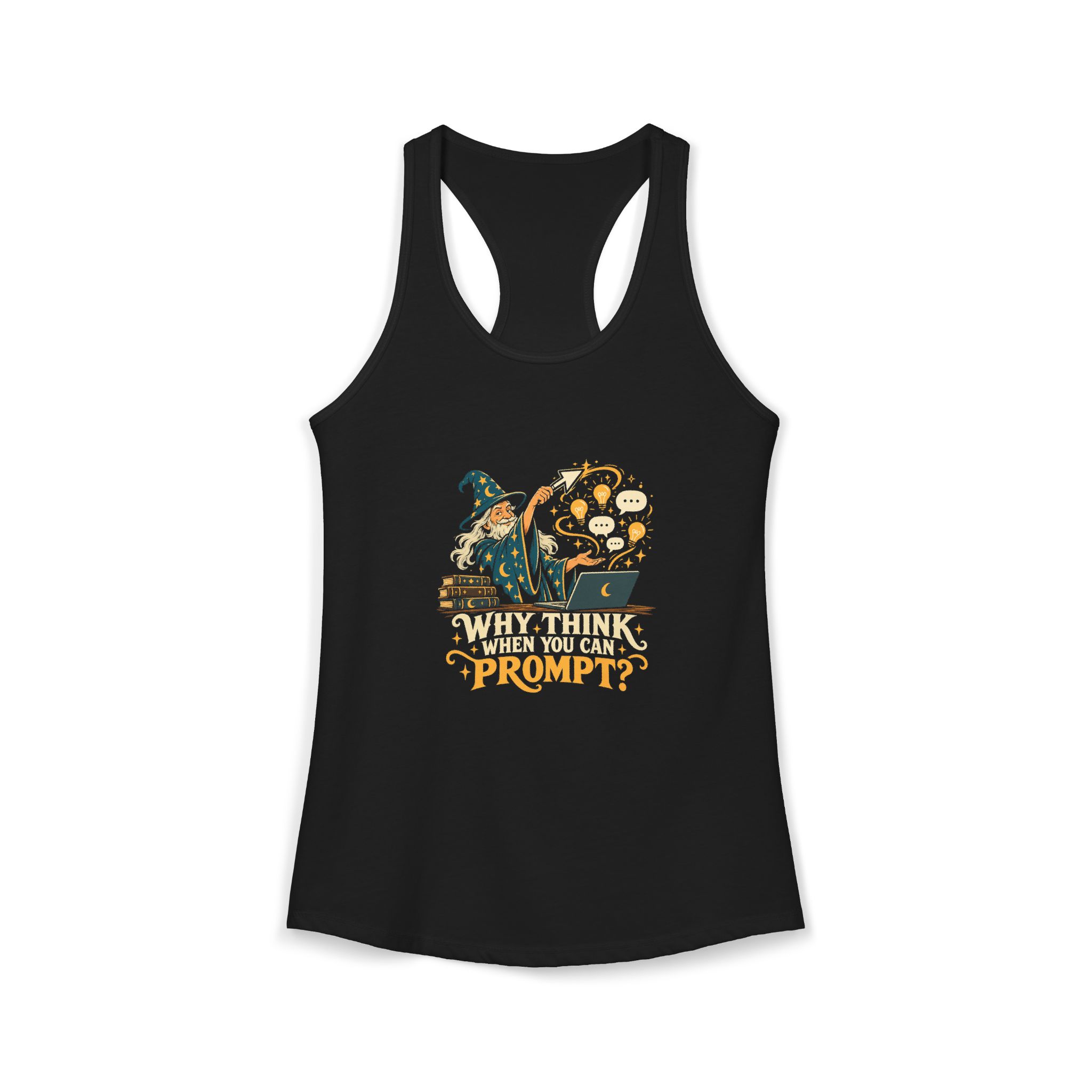 Prompt Wizard women's racerback tank in Solid Black, front 2
