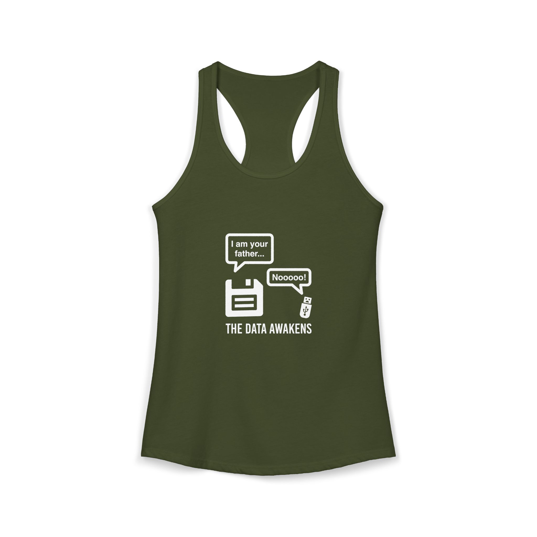 The Data Awakens women's racerback tank in Solid Military Green, front 2
