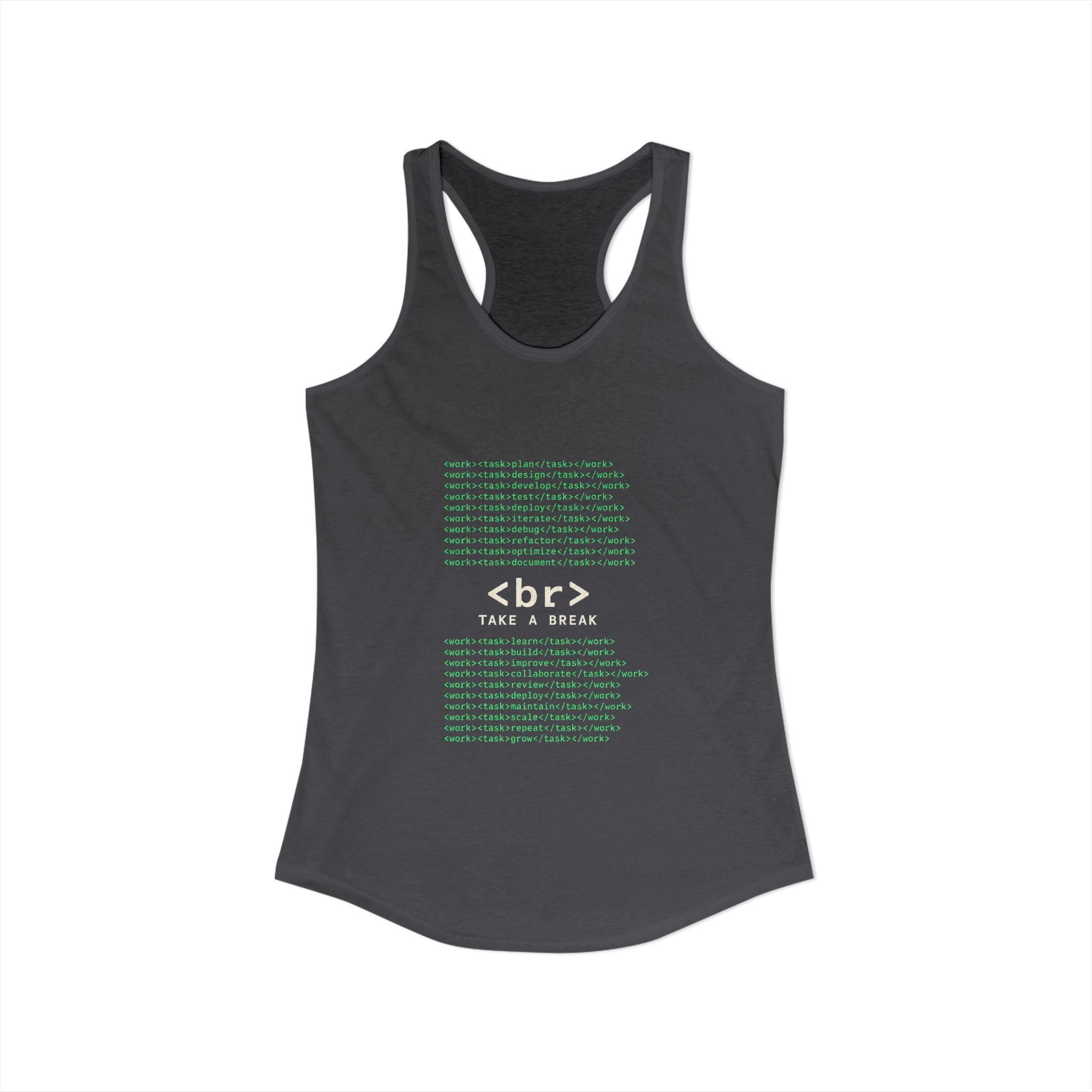 Work Work Break women's racerback tank in Solid Dark Gray, front view