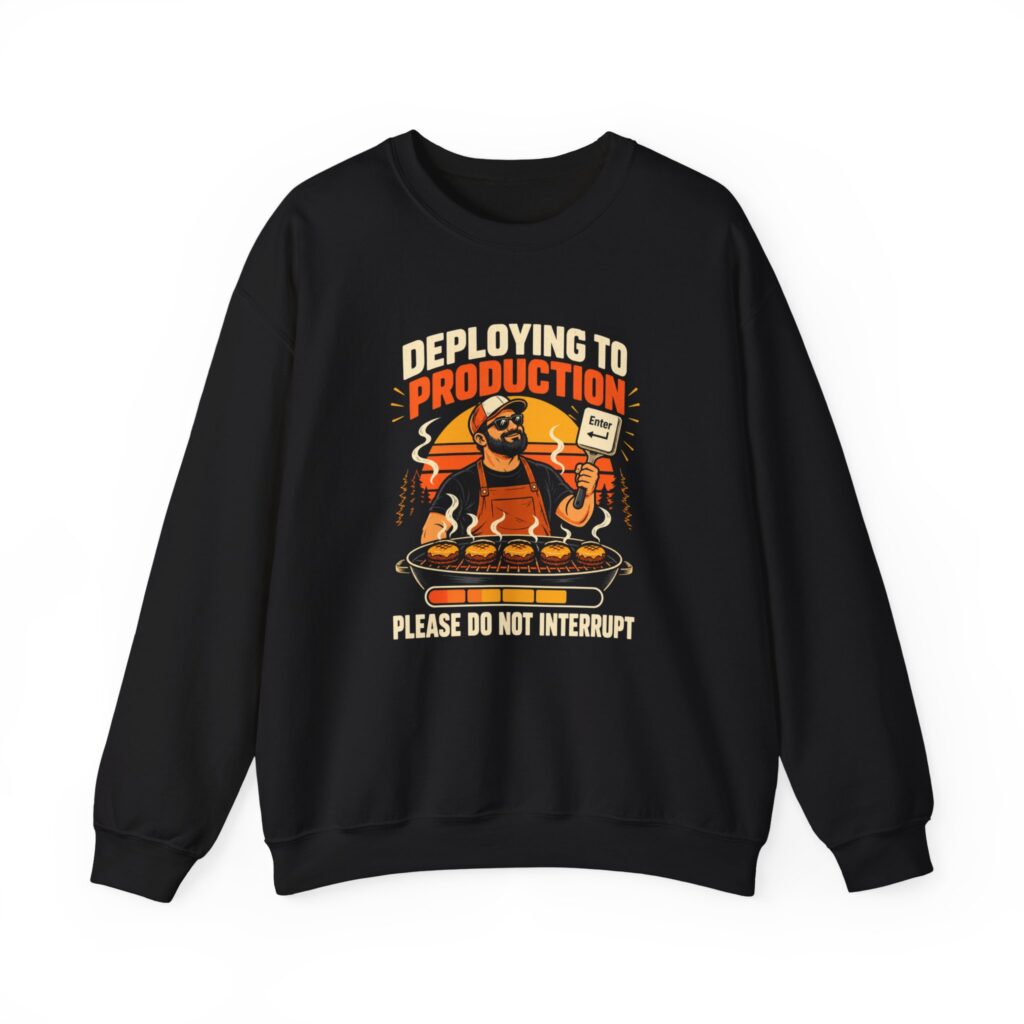 Deploying to Production crewneck sweatshirt in Black, front view
