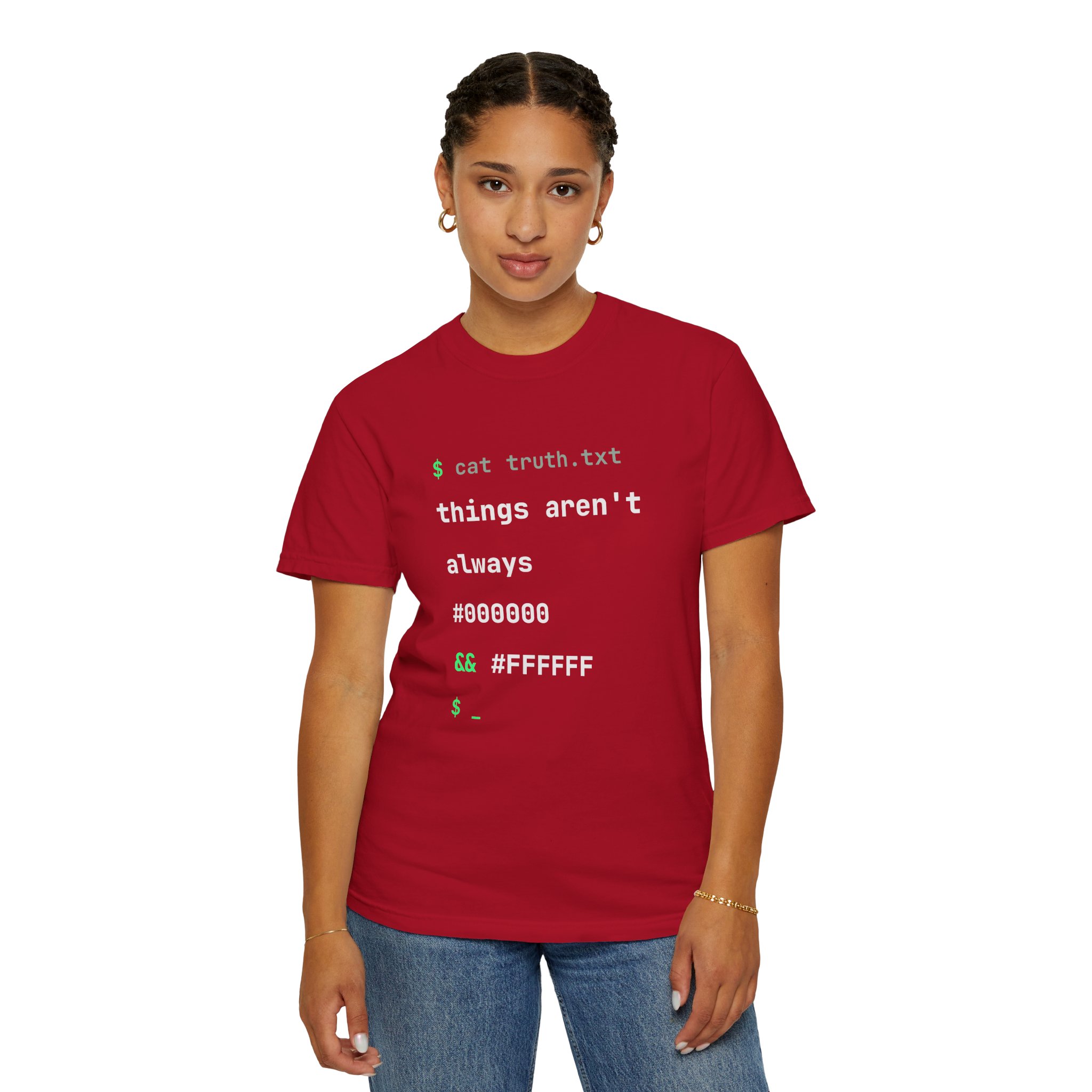cat truth.txt T-shirt in Red, worn by a woman, second model