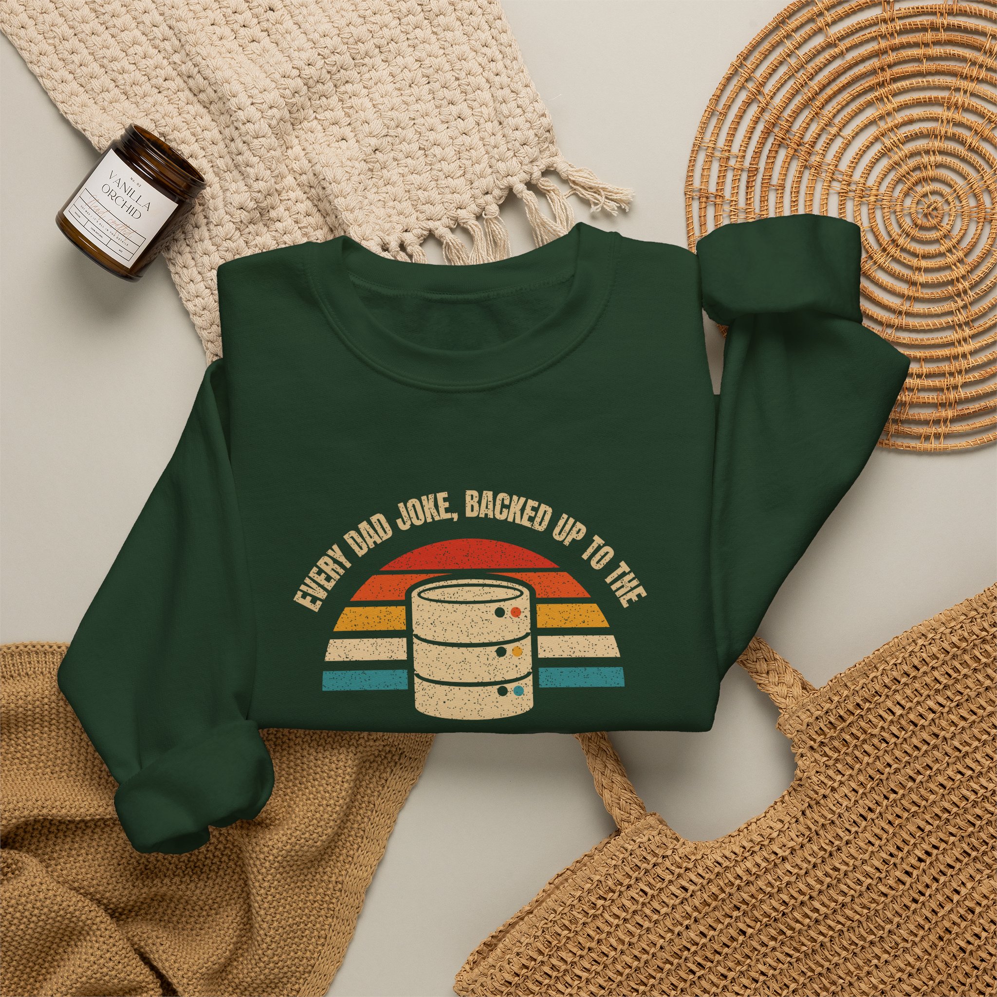 Dad-a-Base crewneck sweatshirt in Forest Green, folded 2