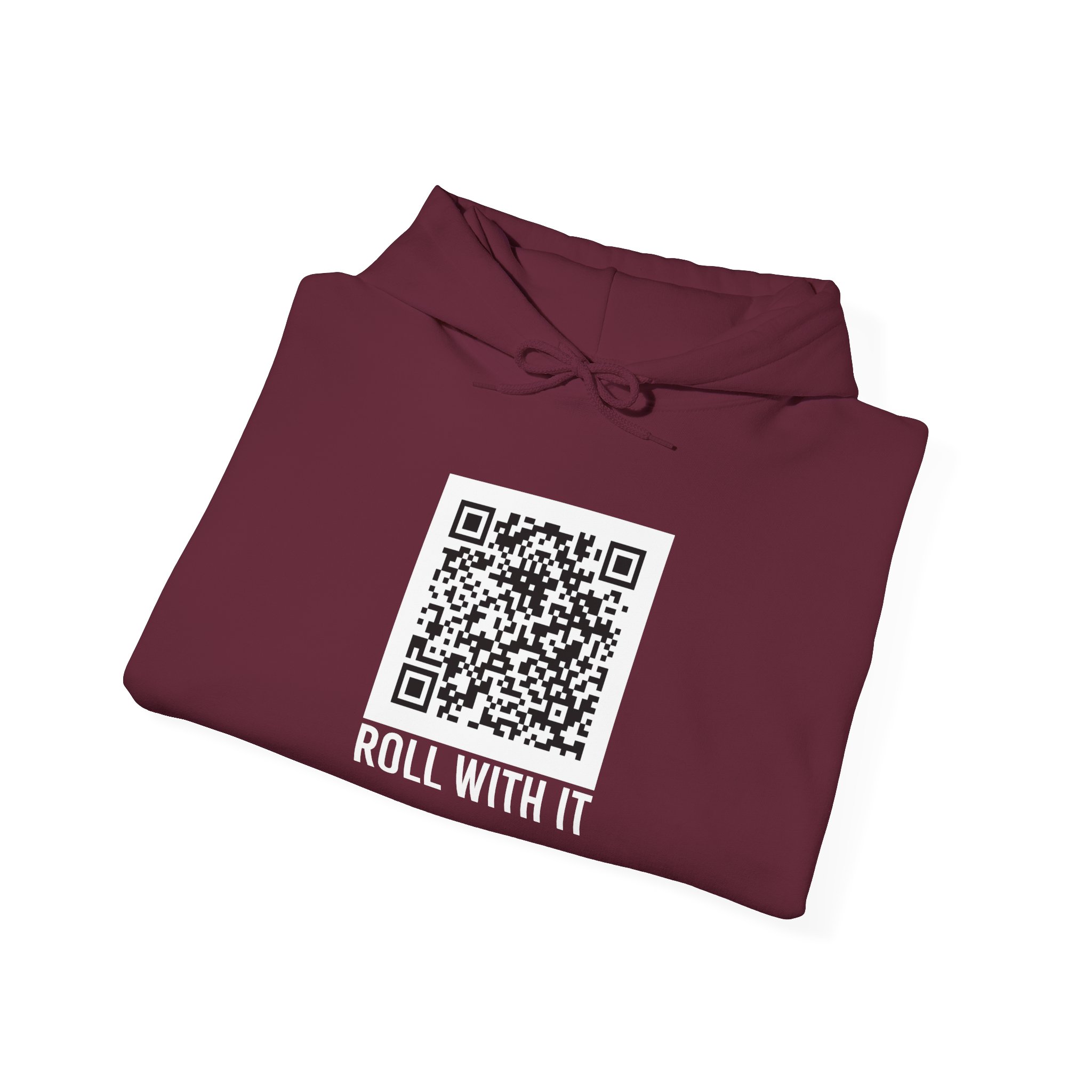 Roll With It QR Code hoodie in Maroon, folded