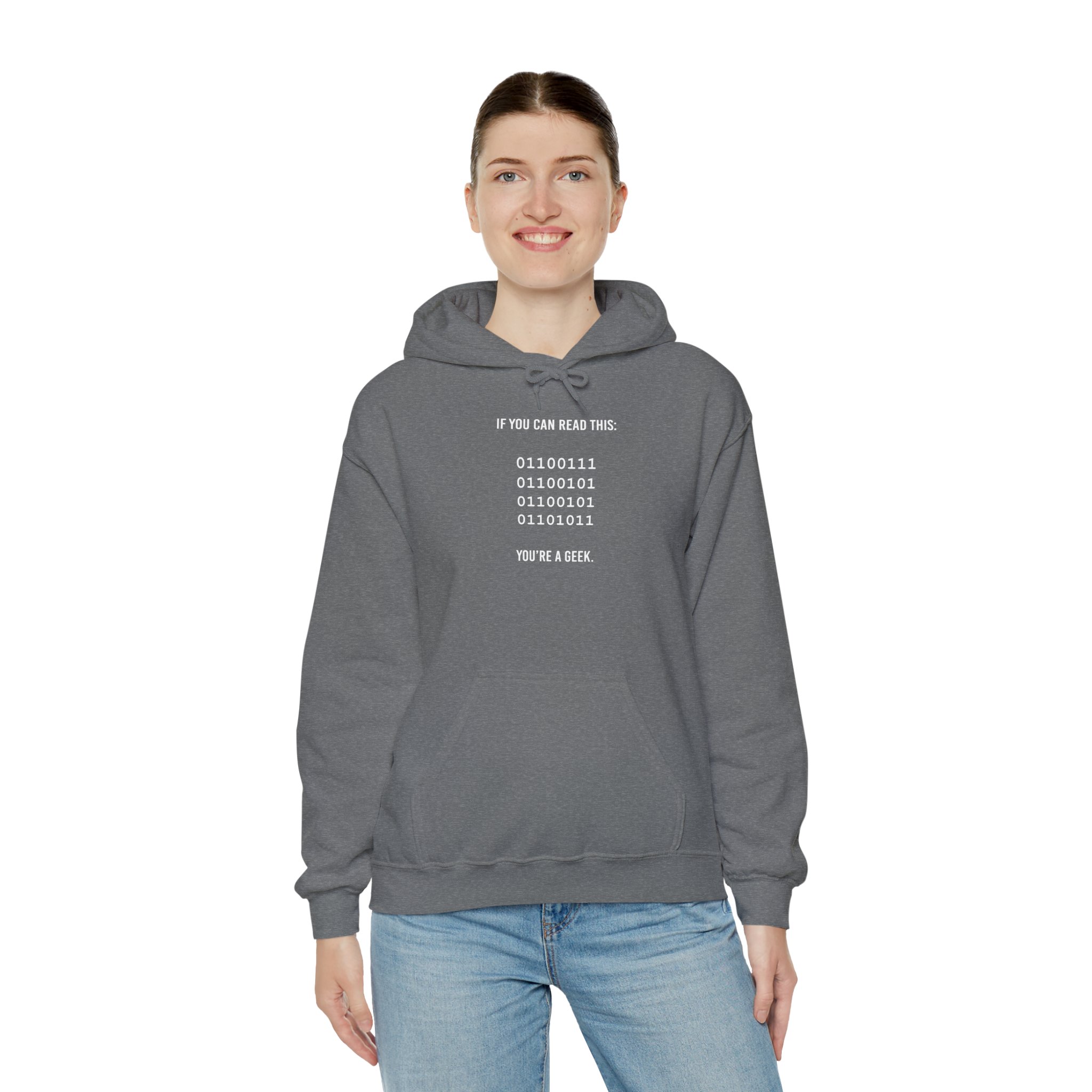 Geek Binary Code hoodie in Graphite Heather, worn by a model, third view