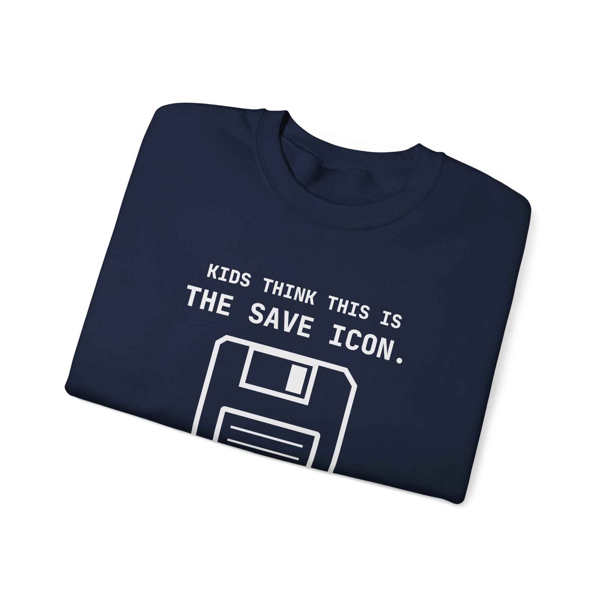 The Original Save Icon crewneck sweatshirt in Navy, folded