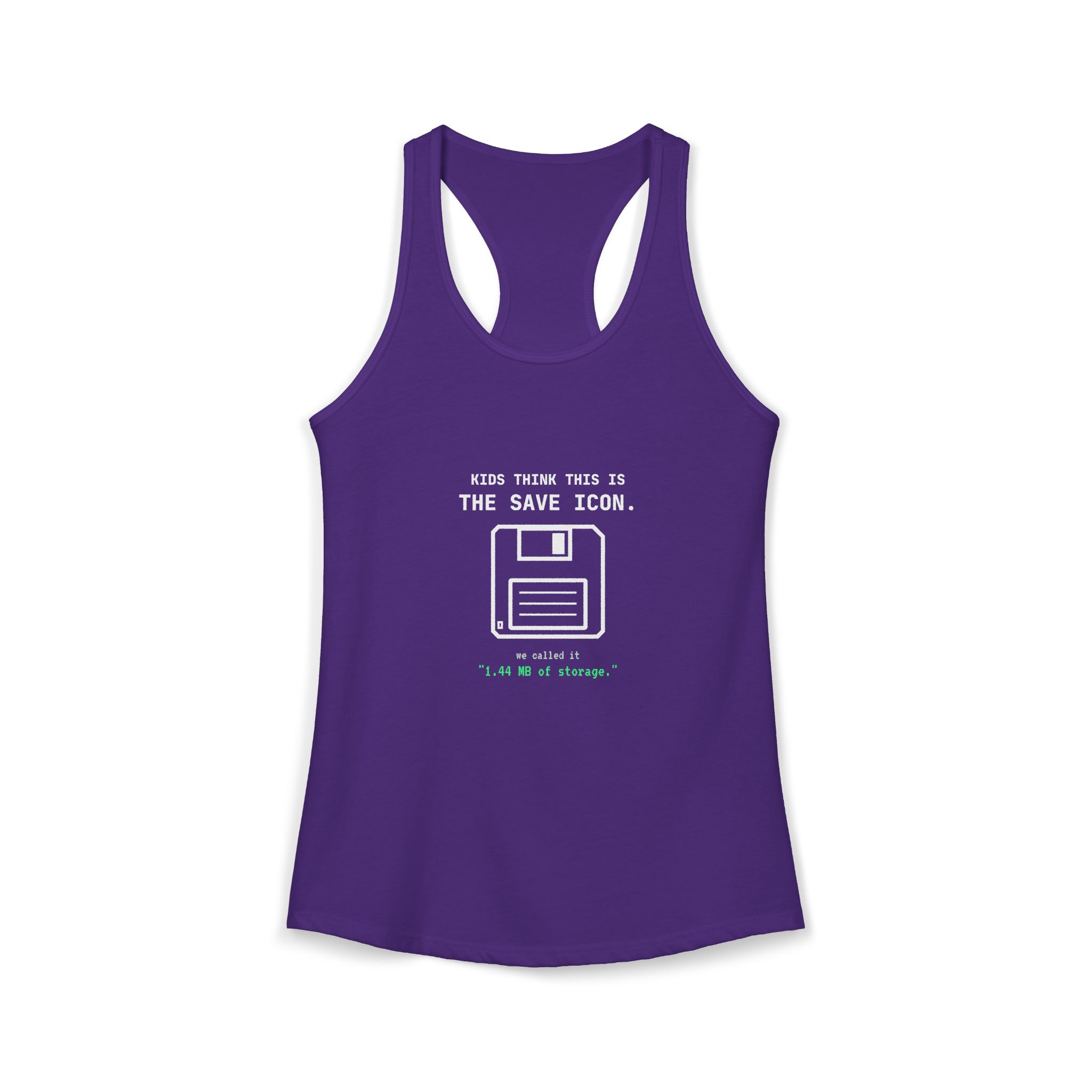 The Original Save Icon women's racerback tank in Solid Purple Rush, front 2