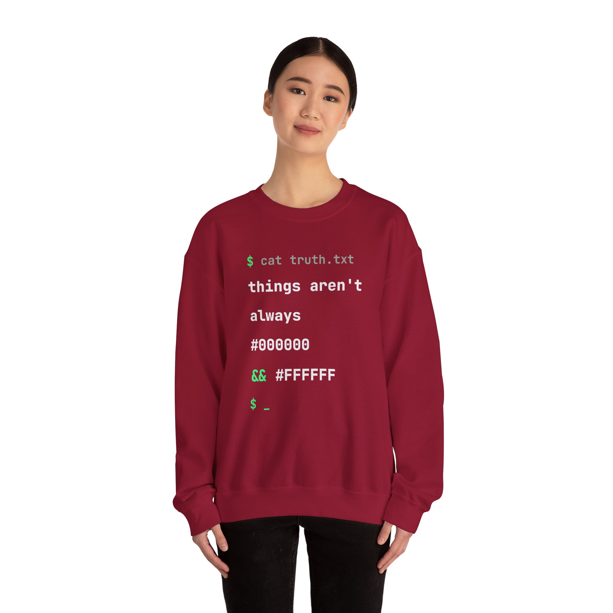 cat truth.txt crewneck sweatshirt in Cardinal Red, worn by a model