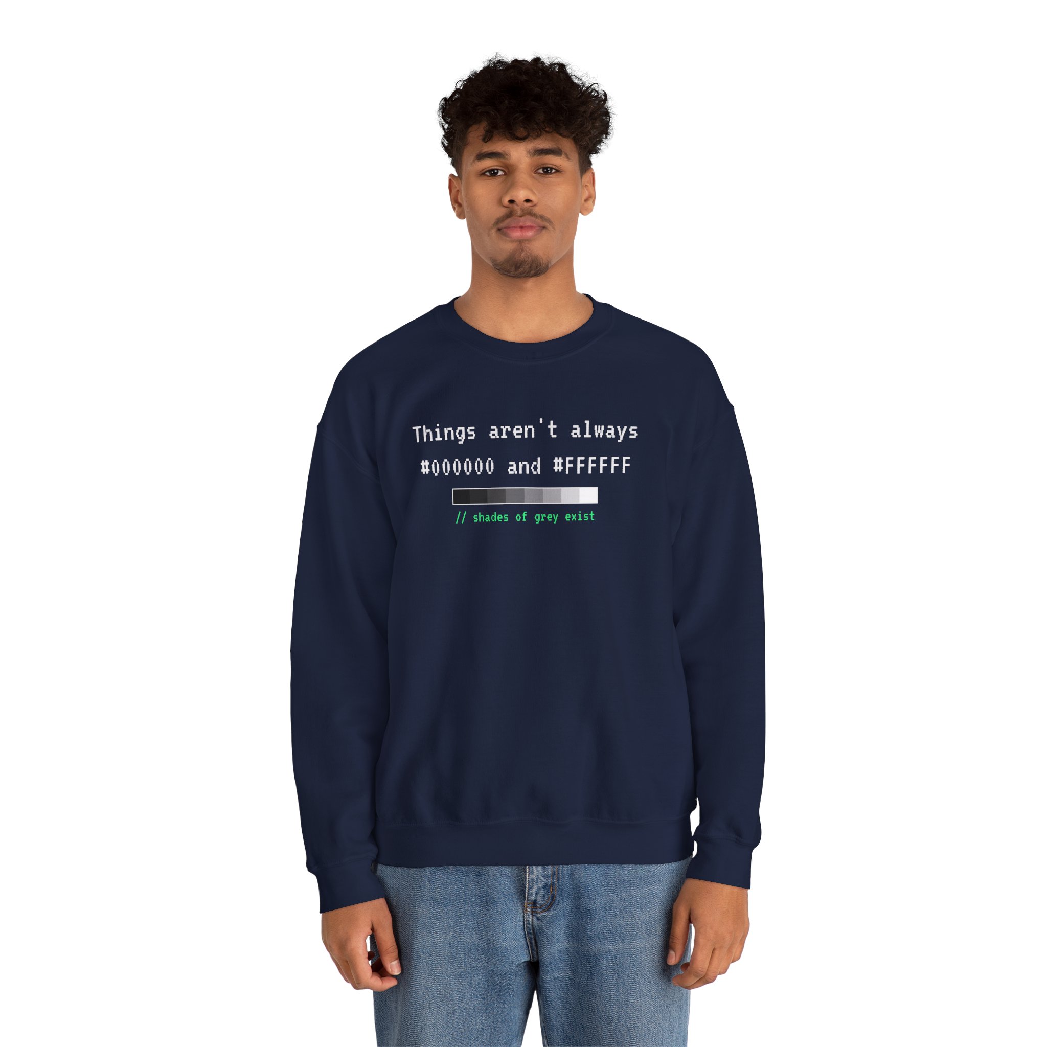 Shades of Grey Exist crewneck sweatshirt in Navy, worn by a model, second view