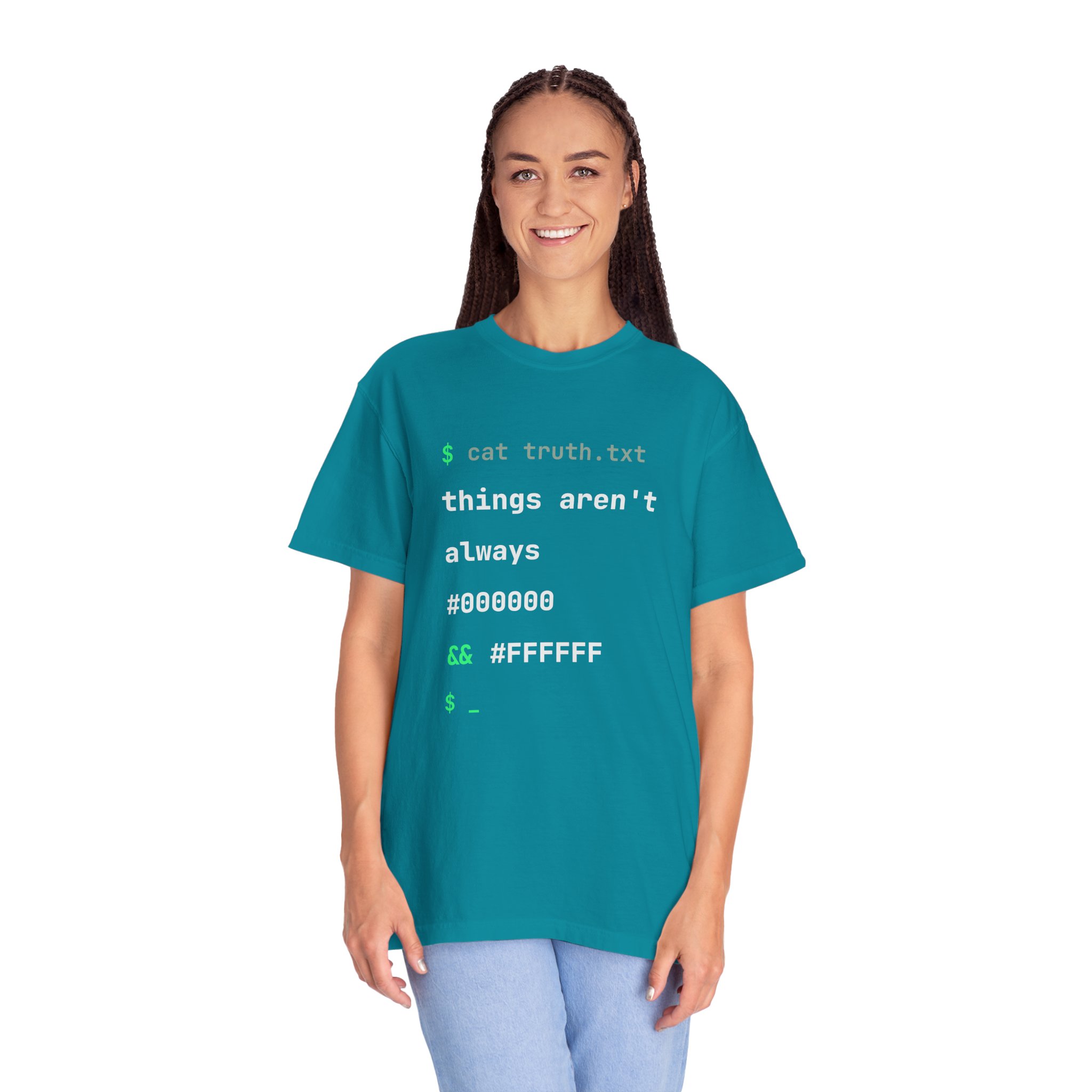 cat truth.txt T-shirt in Topaz Blue, worn by a woman