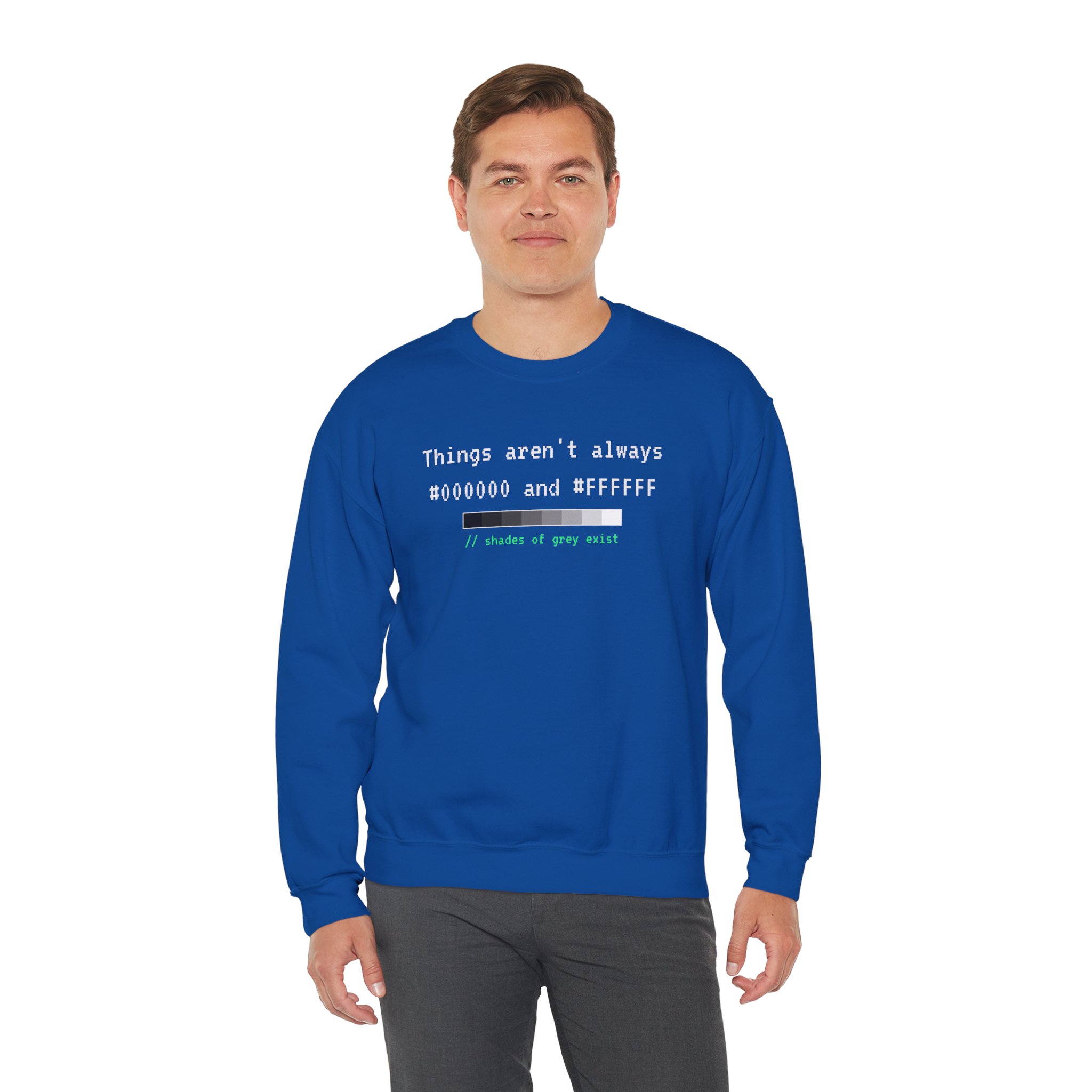 Shades of Grey Exist crewneck sweatshirt in Royal, worn by a model, third view