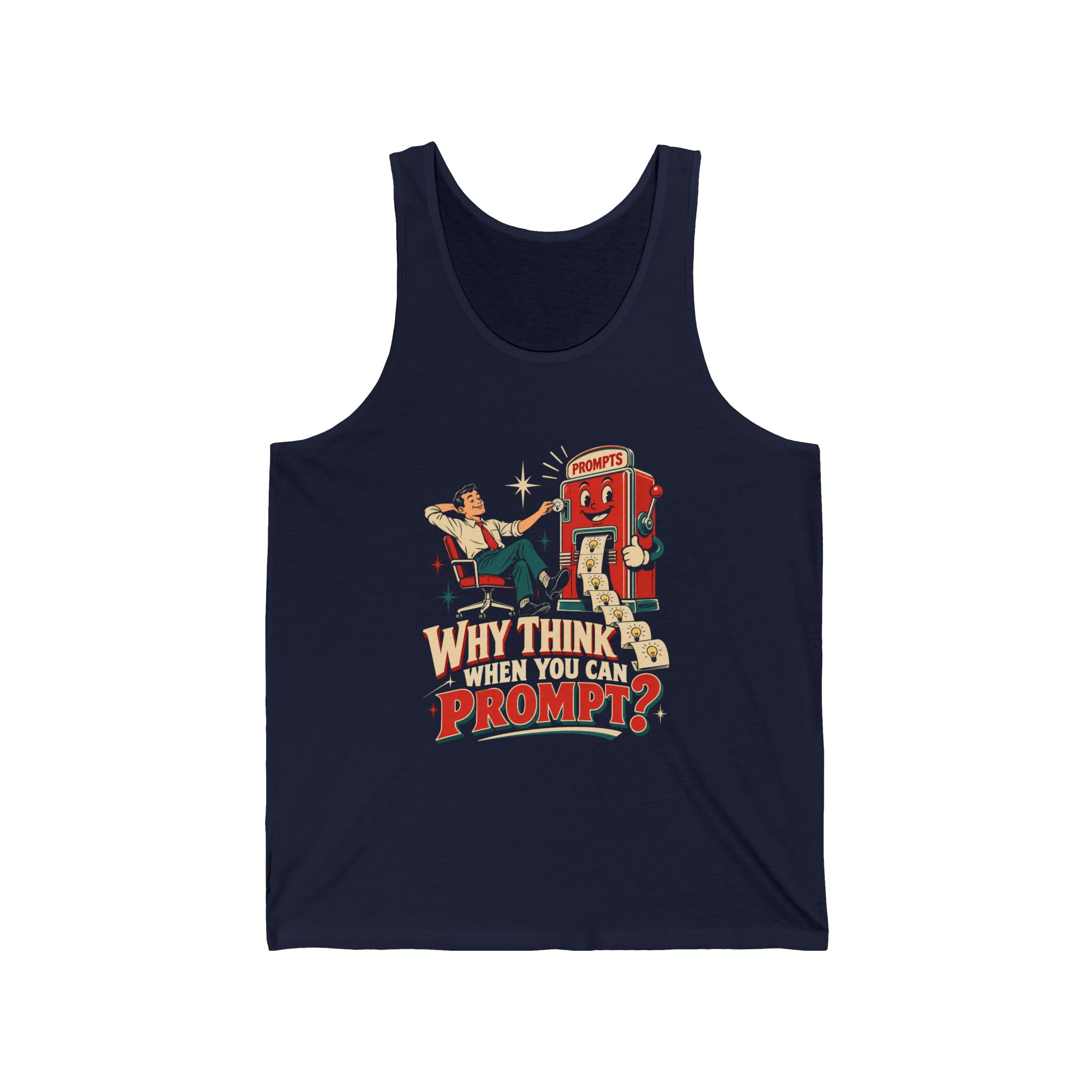 Prompt Machine unisex tank in Navy, front view