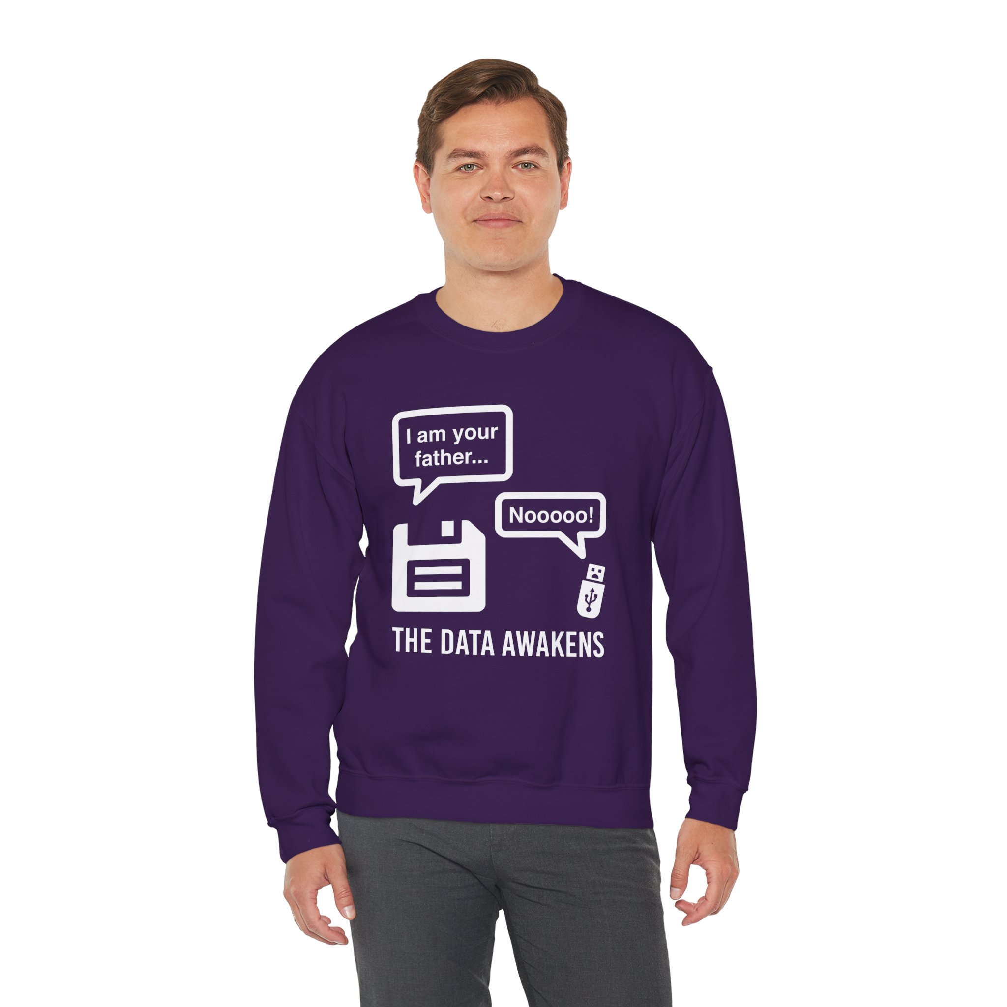 The Data Awakens crewneck sweatshirt in Purple, worn by a model, third view