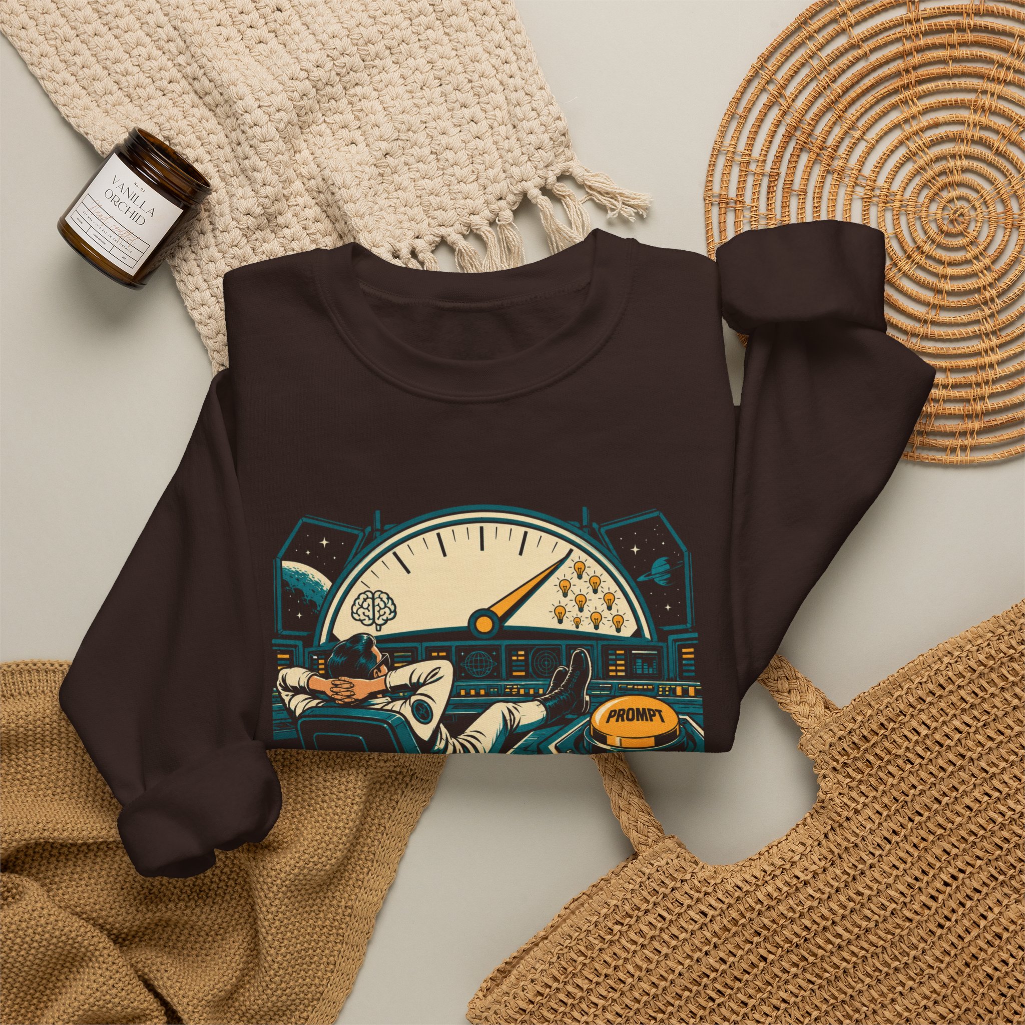 Prompt Mission Control crewneck sweatshirt in Dark Chocolate, folded 2