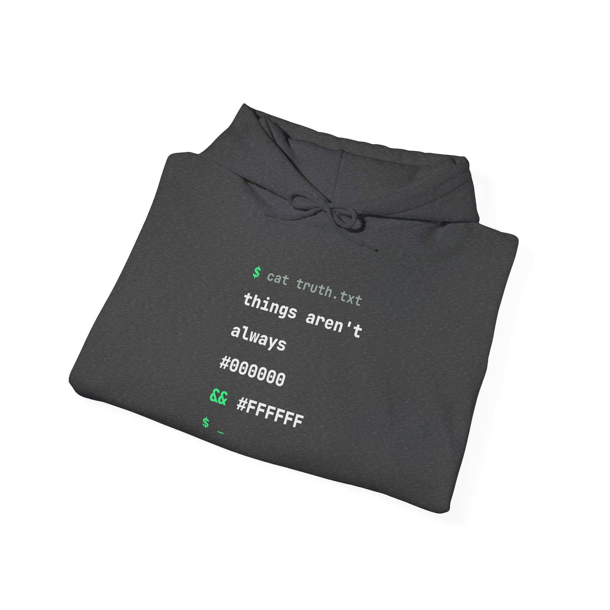 cat truth.txt hoodie in Dark Heather, folded