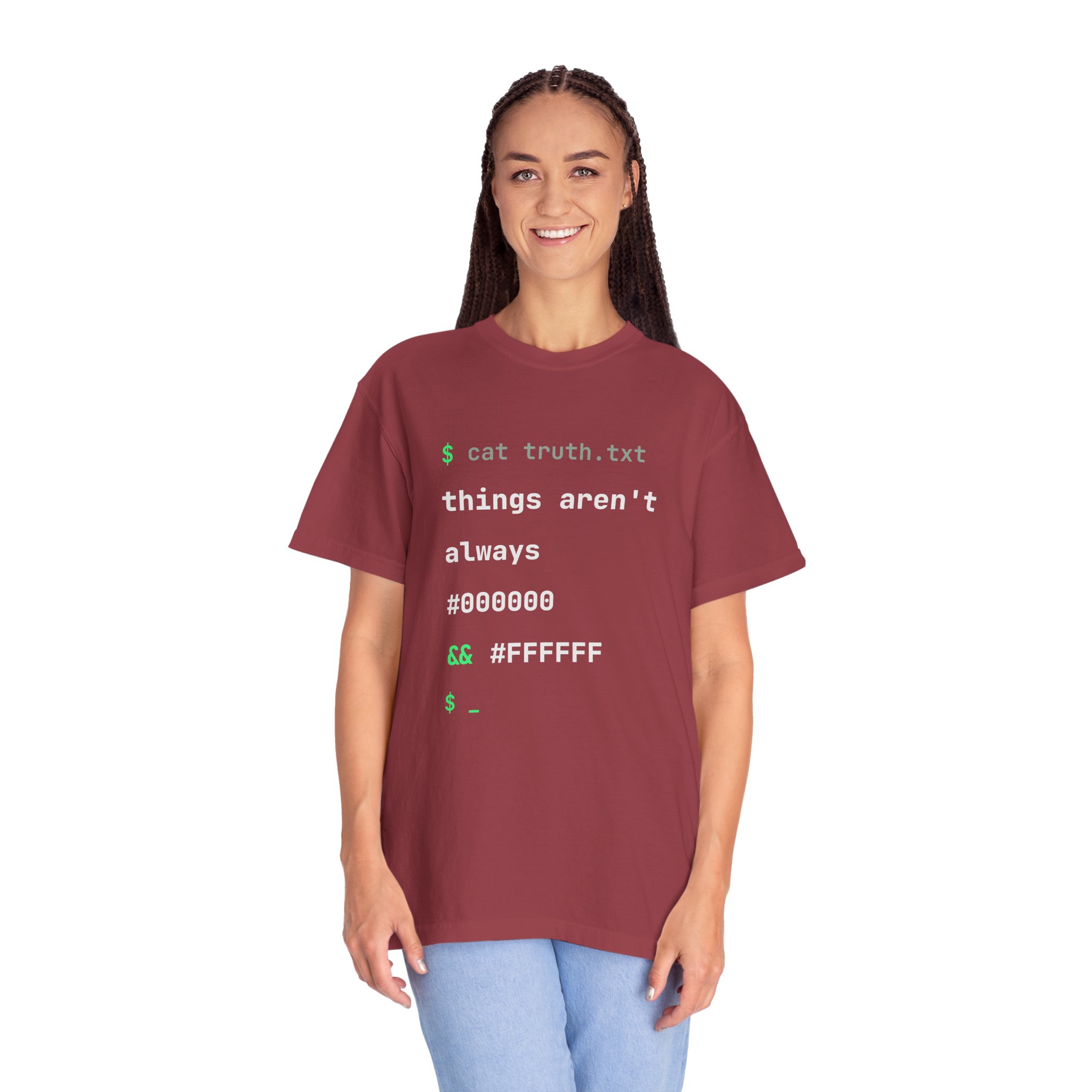 cat truth.txt T-shirt in Chili, worn by a woman