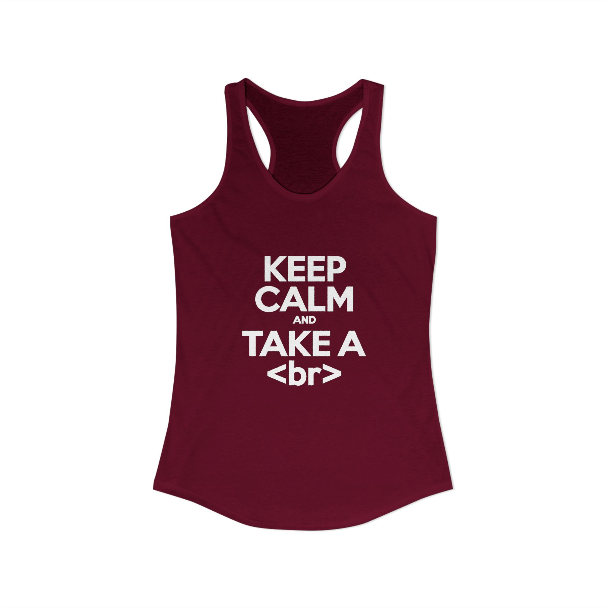 Keep Calm and Take a Break women's racerback tank in Solid Cardinal Red, front view