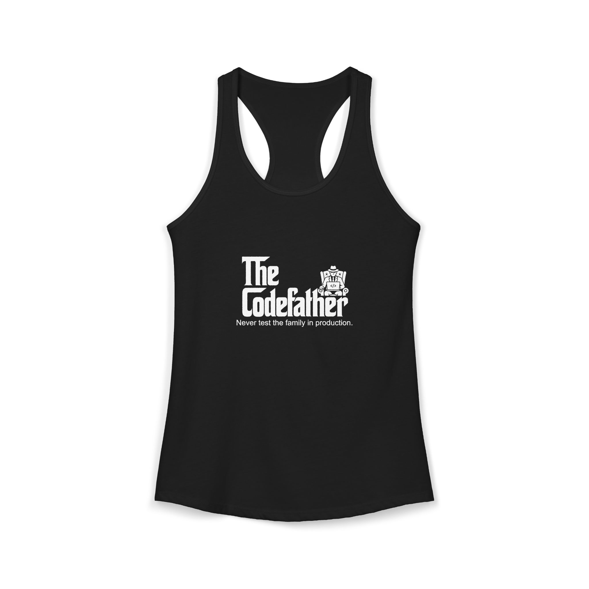 The Codefather women's racerback tank in Solid Black, front 2