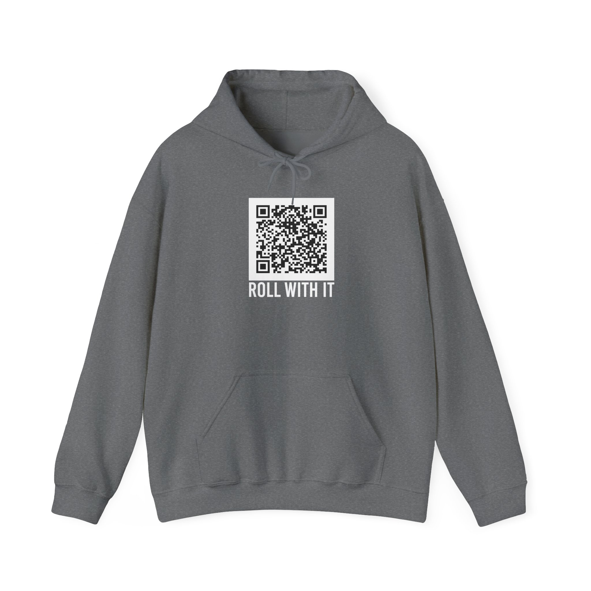 Roll With It QR Code hoodie in Graphite Heather, front view
