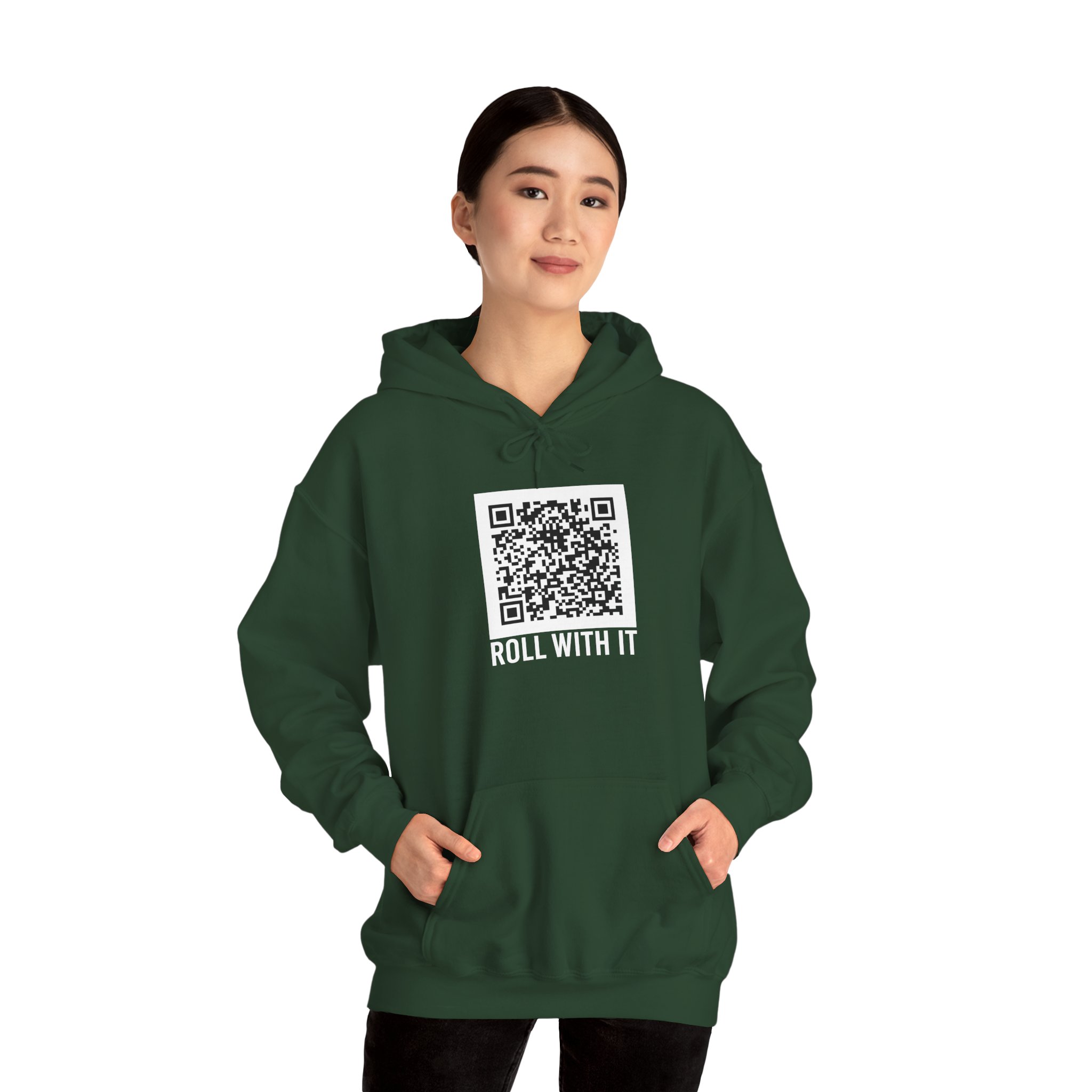 Roll With It QR Code hoodie in Forest Green, worn by a model