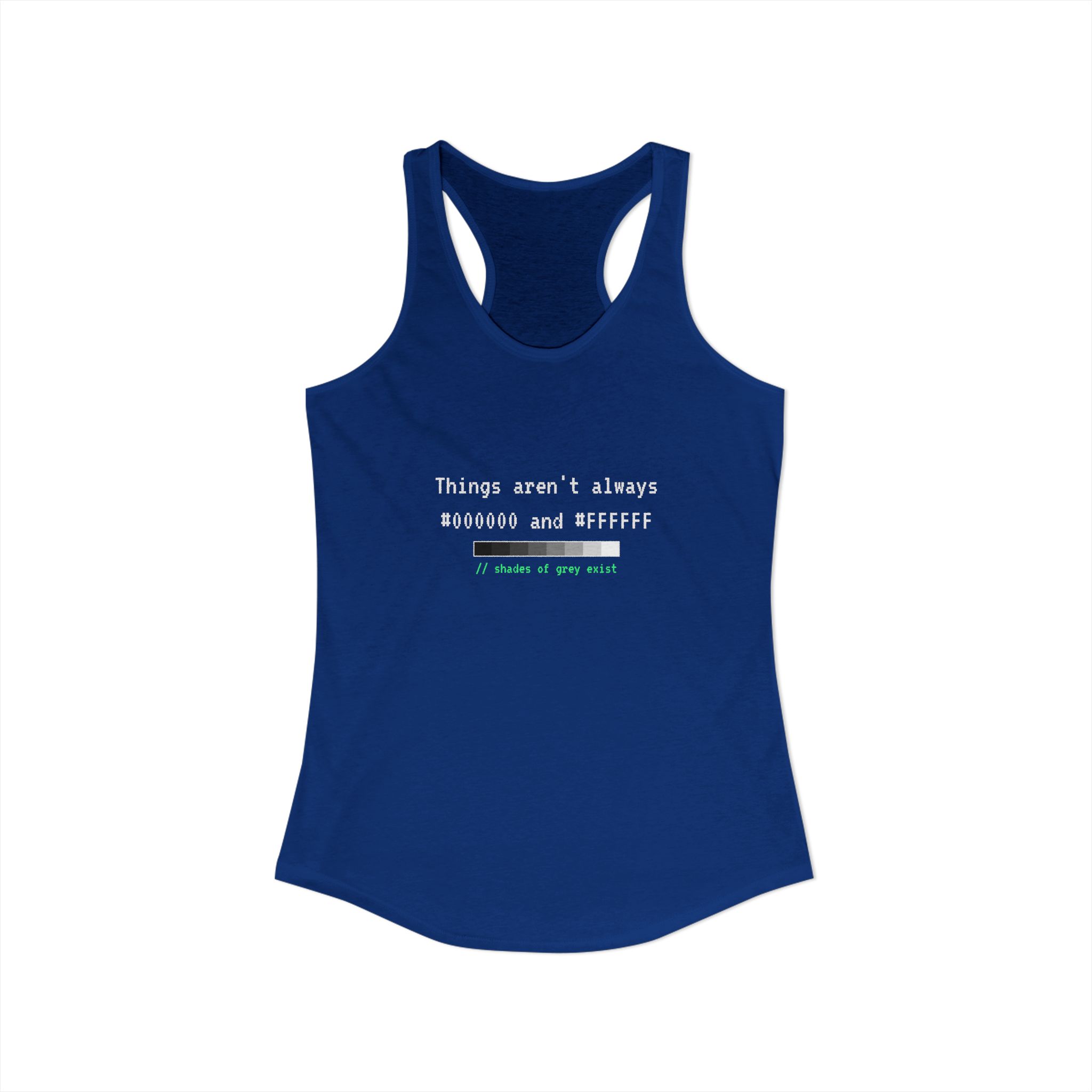 Shades of Grey Exist women's racerback tank in Solid Royal, front view