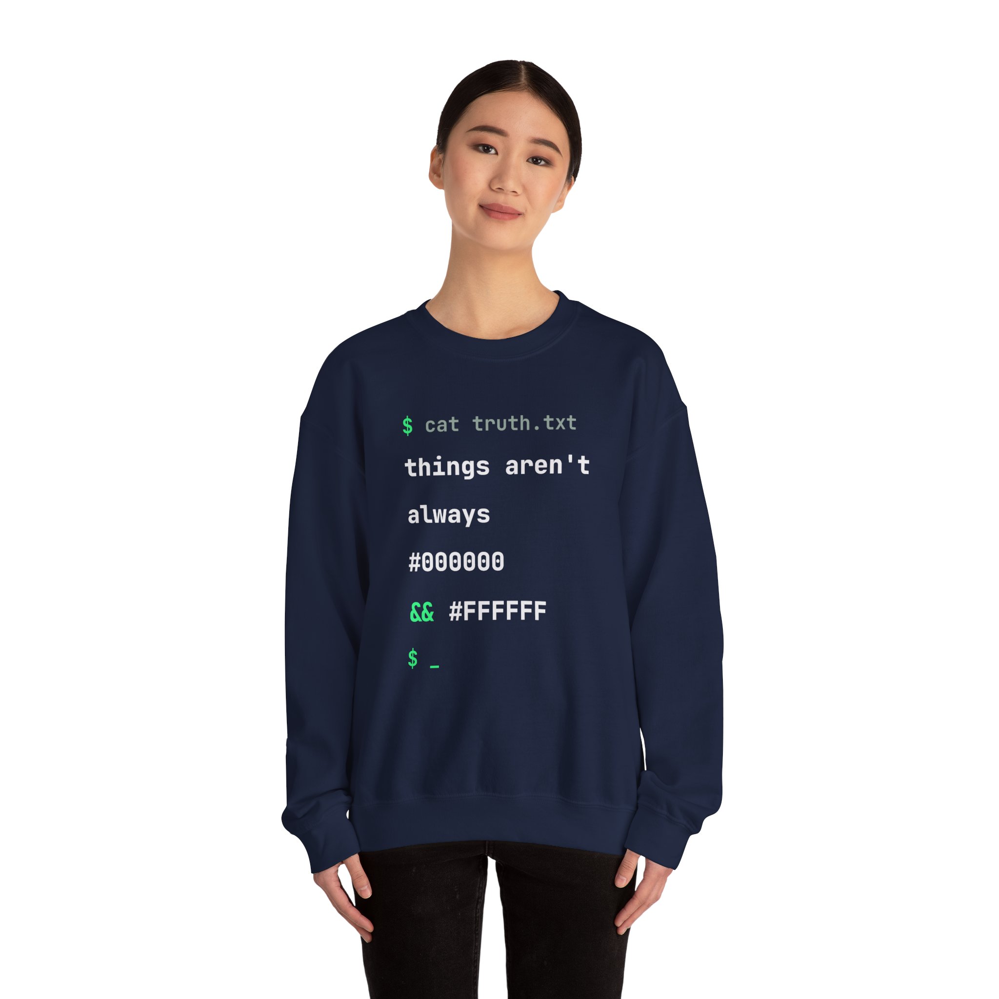 cat truth.txt crewneck sweatshirt in Navy, worn by a model