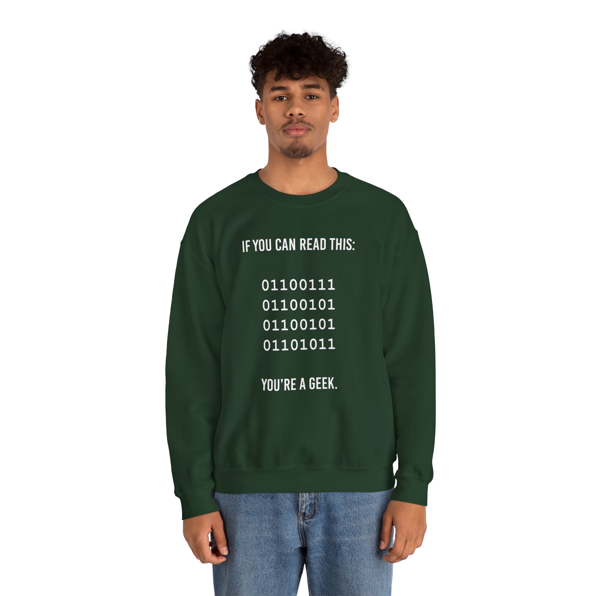 Geek Binary Code crewneck sweatshirt in Forest Green, worn by a model, second view