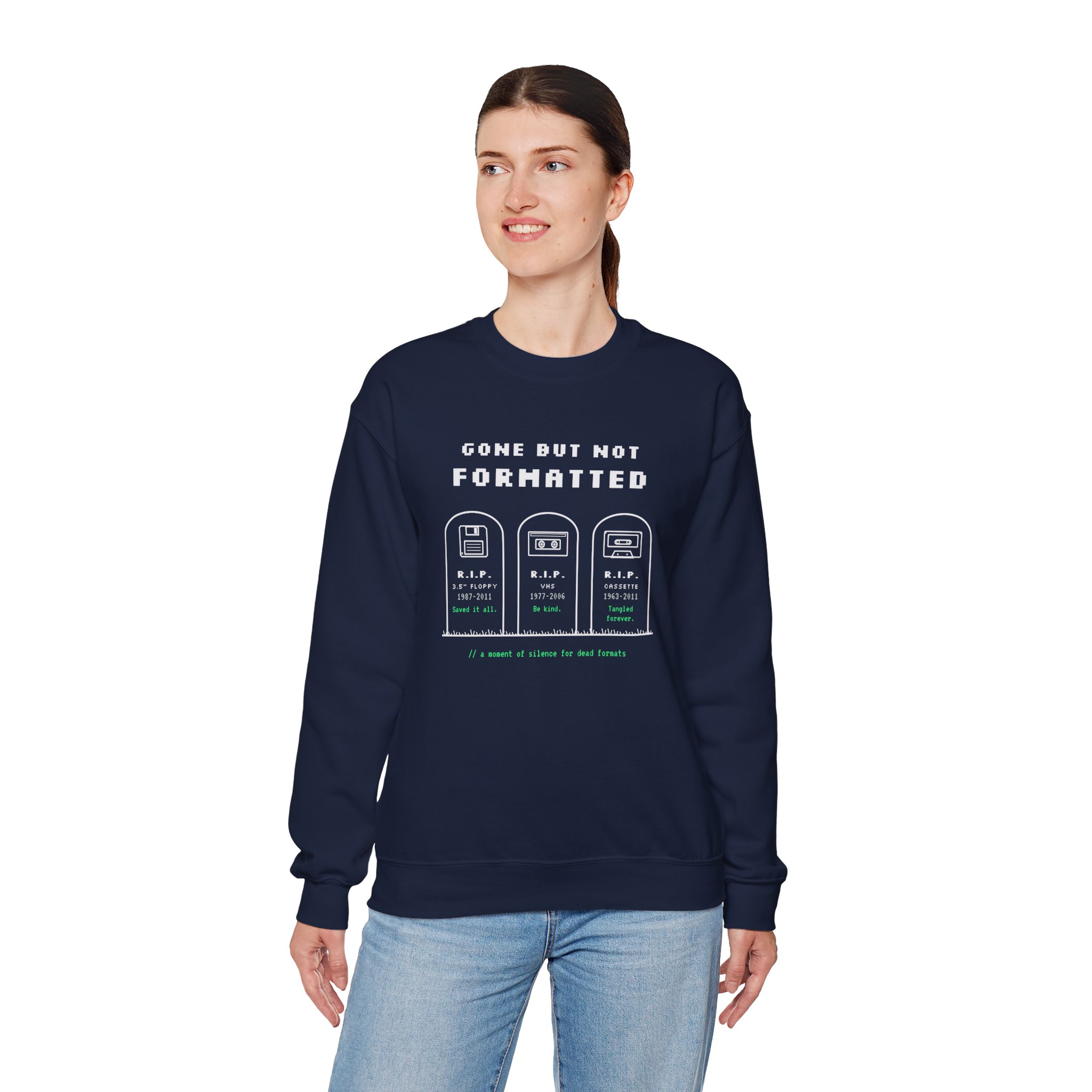 Gone But Not Formatted crewneck sweatshirt in Navy, worn by a model, fourth view