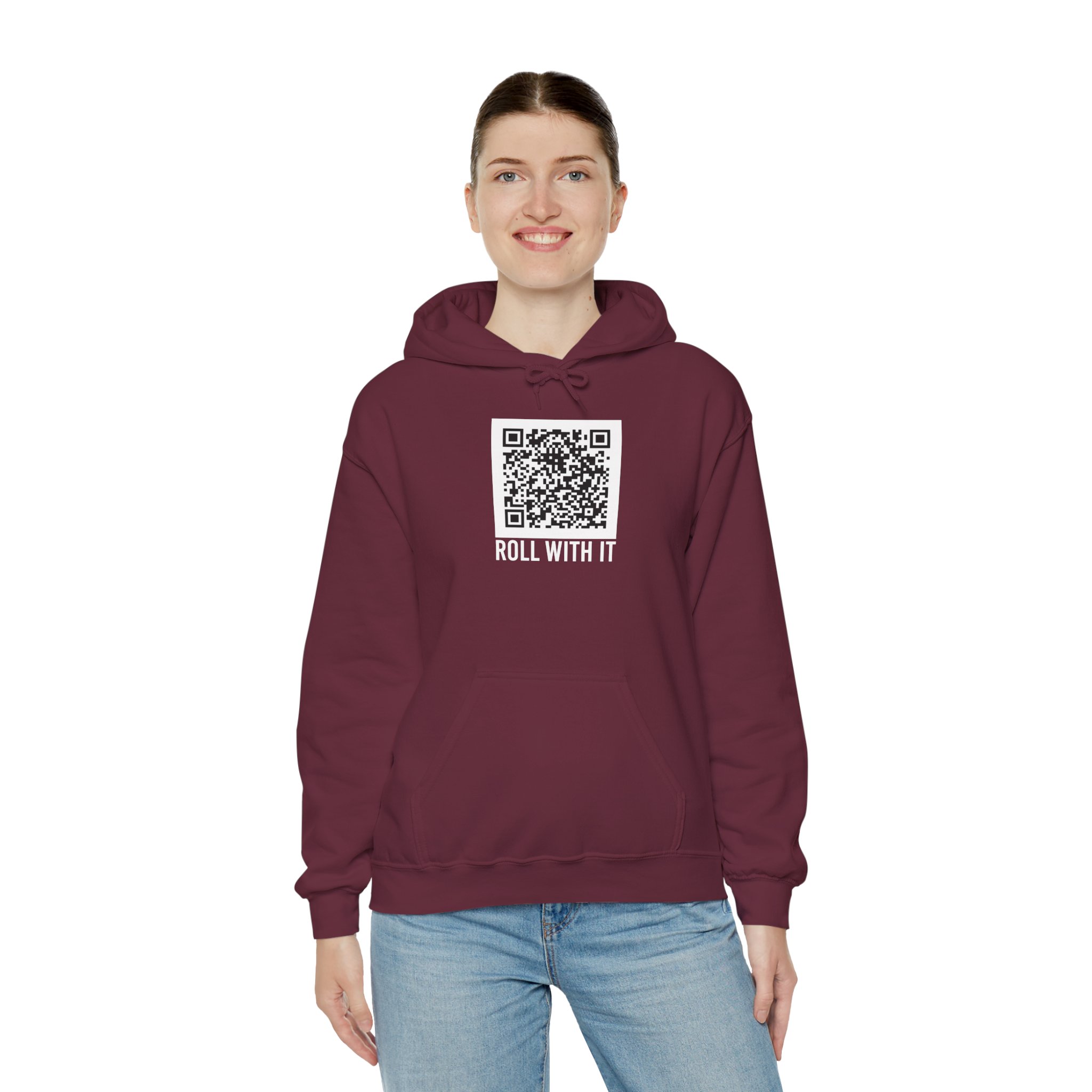 Roll With It QR Code hoodie in Maroon, worn by a model, third view