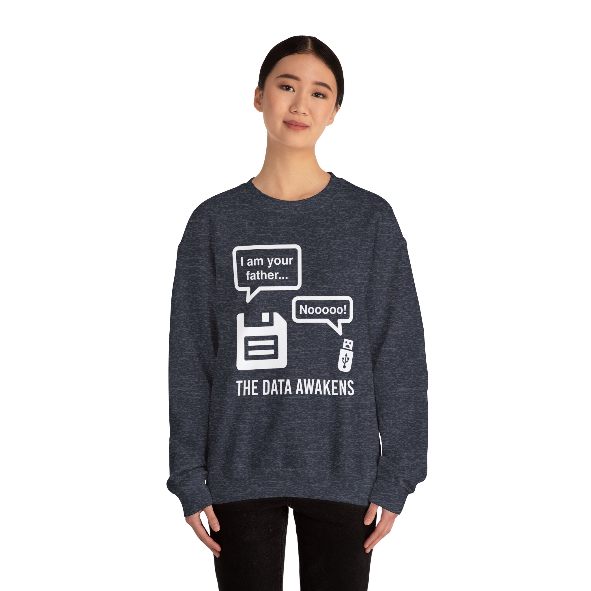 The Data Awakens crewneck sweatshirt in Heather Sport Dark Navy, worn by a model