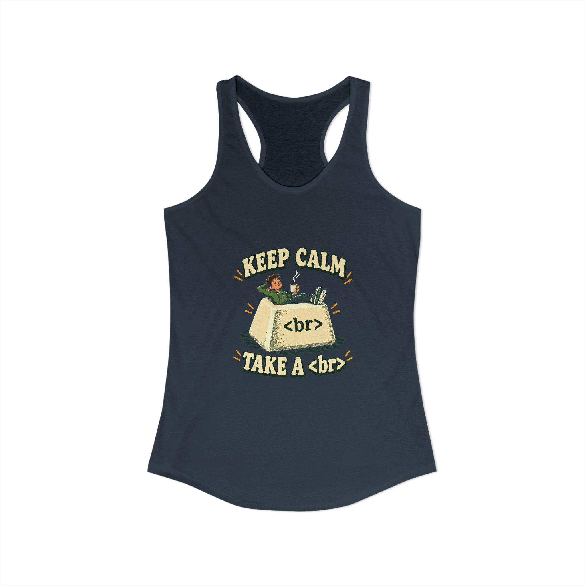 Keep Calm Keycap women's racerback tank in Solid Indigo, front view