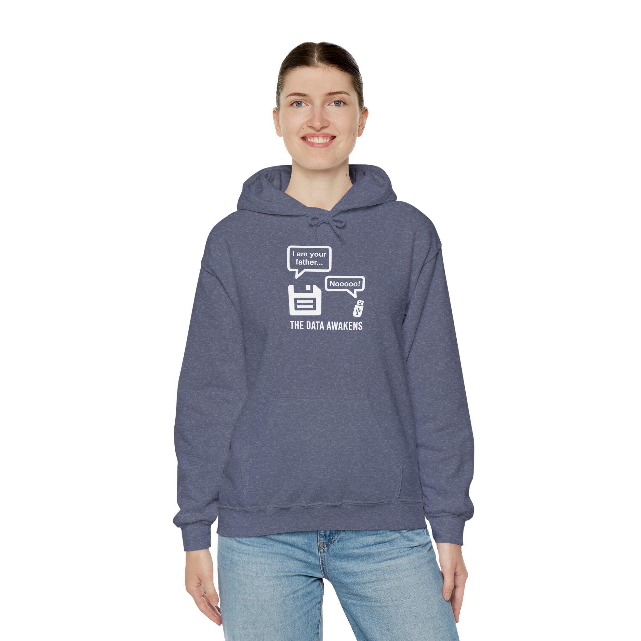 The Data Awakens hoodie in Heather Navy, worn by a model, third view
