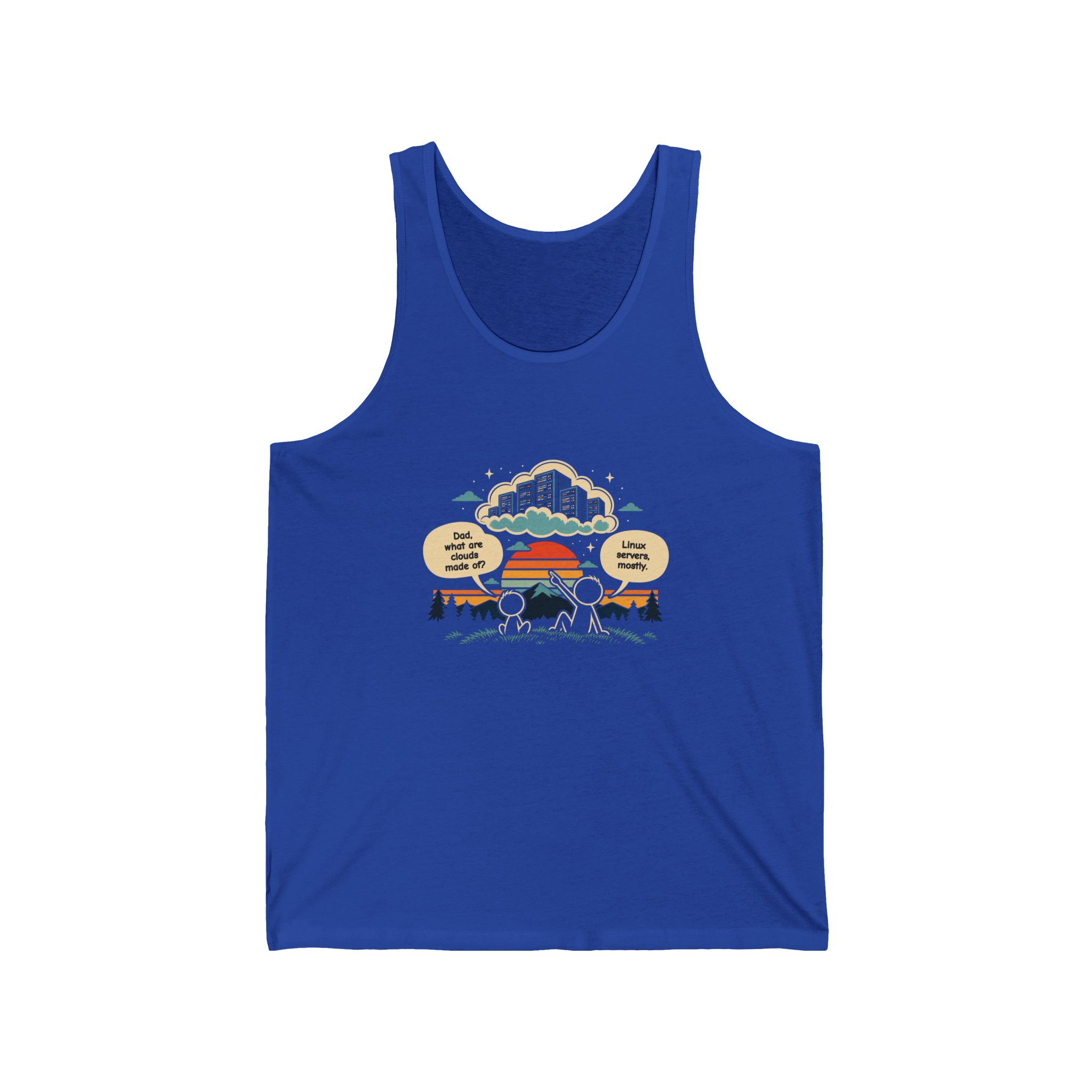 Linux Clouds unisex tank in True Royal, front view