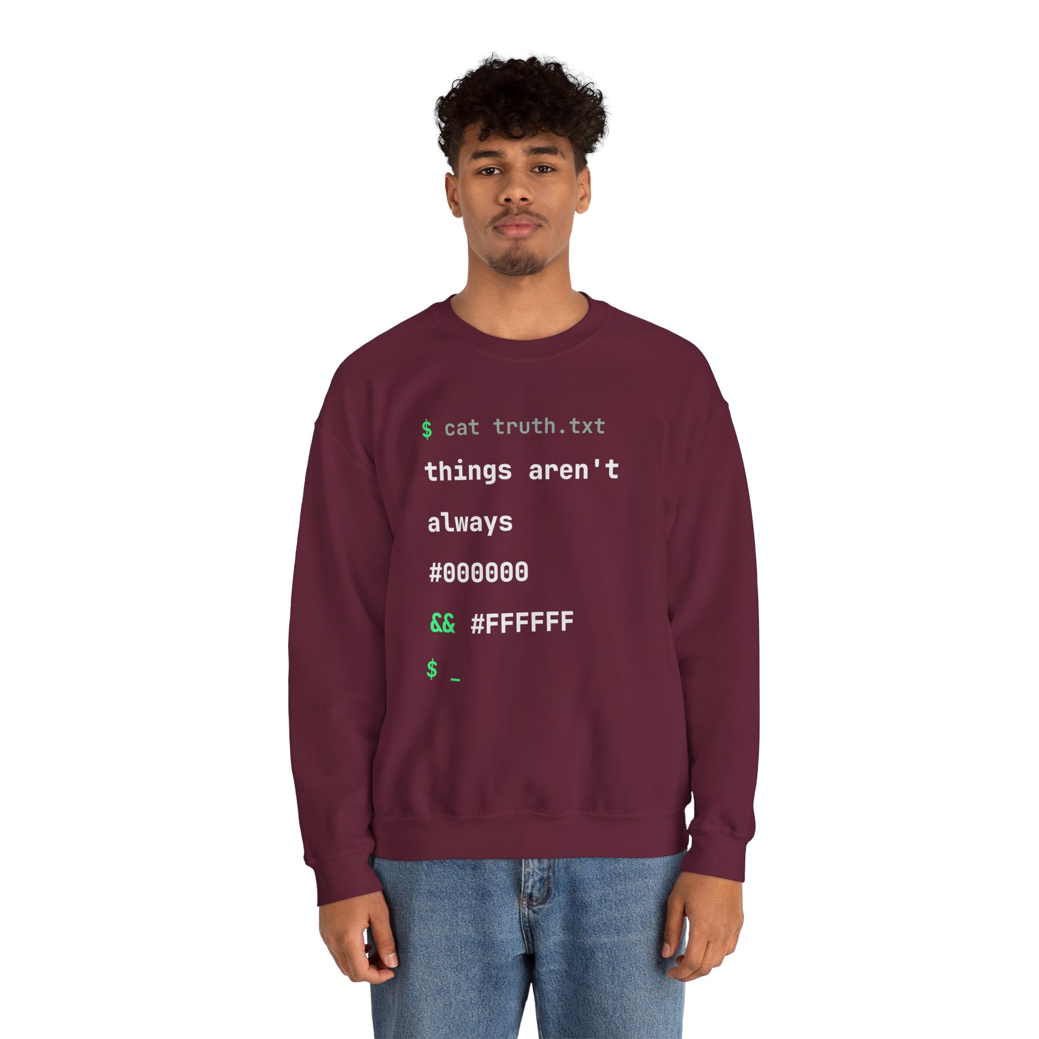cat truth.txt crewneck sweatshirt in Maroon, worn by a model, second view