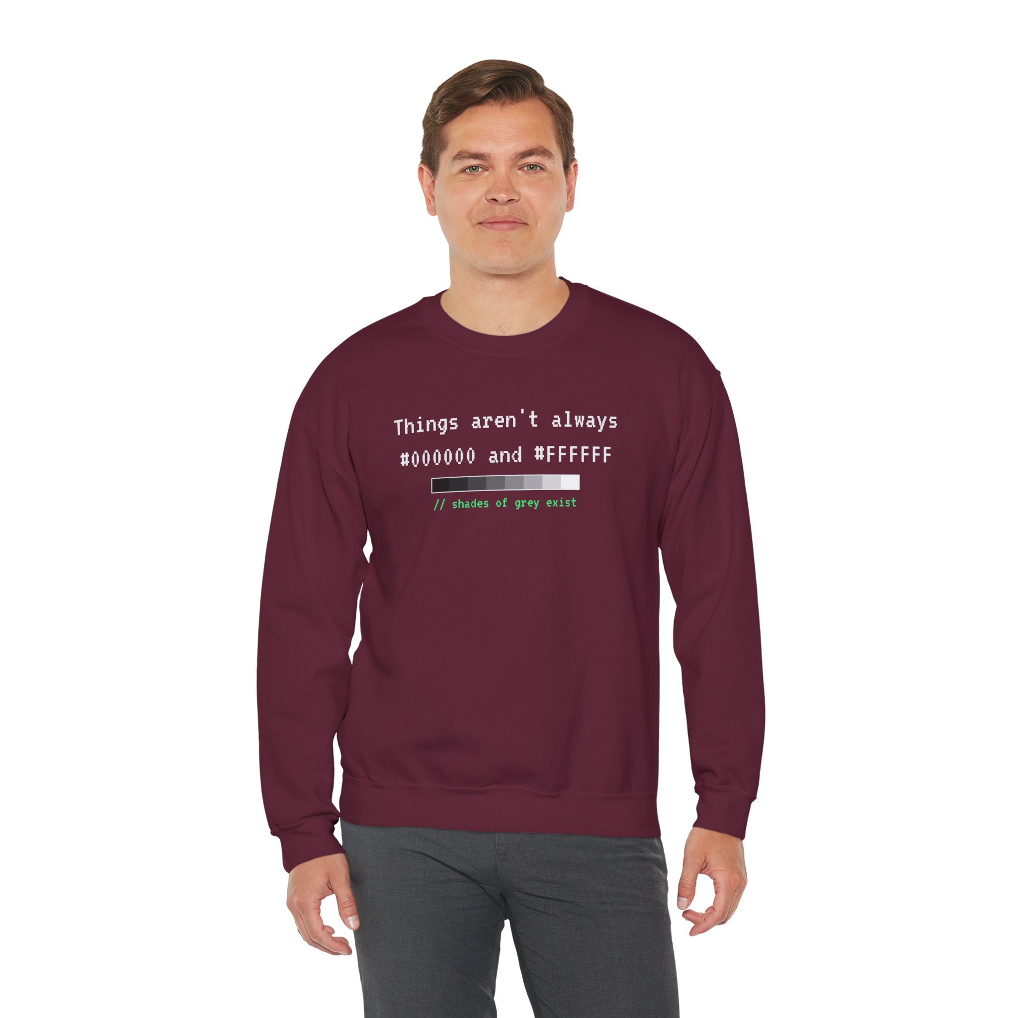 Shades of Grey Exist crewneck sweatshirt in Maroon, worn by a model, third view