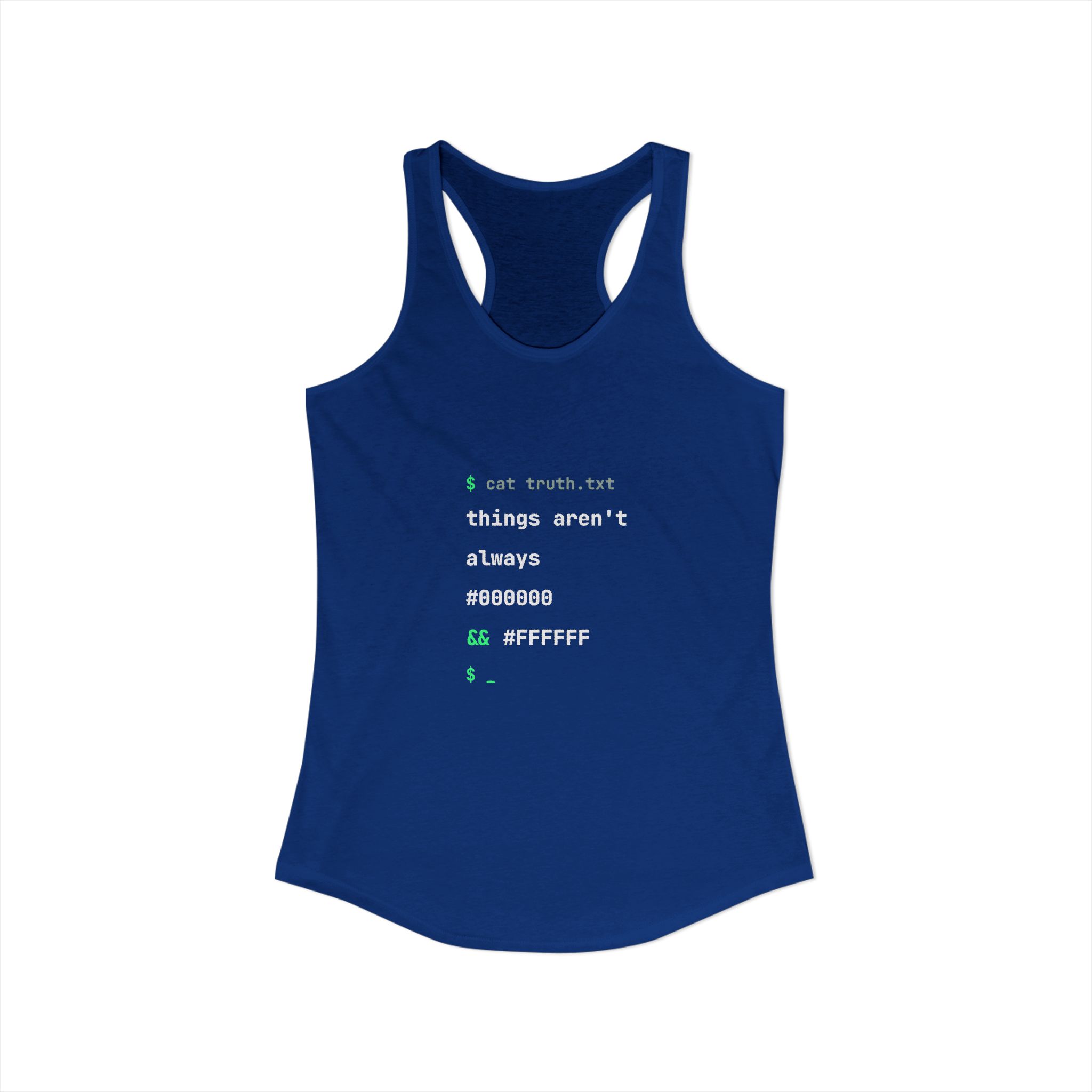 cat truth.txt women's racerback tank in Solid Royal, front view