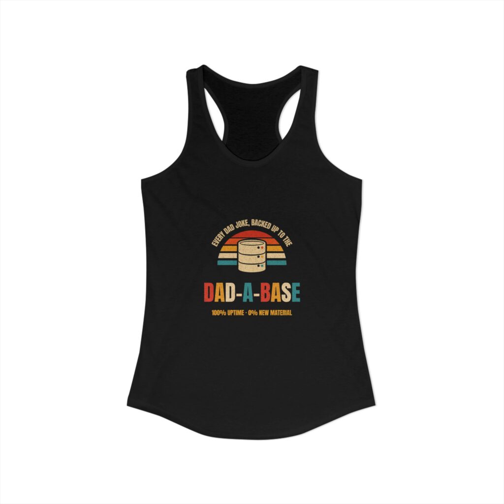Dad-a-Base women's racerback tank in Solid Black, front view