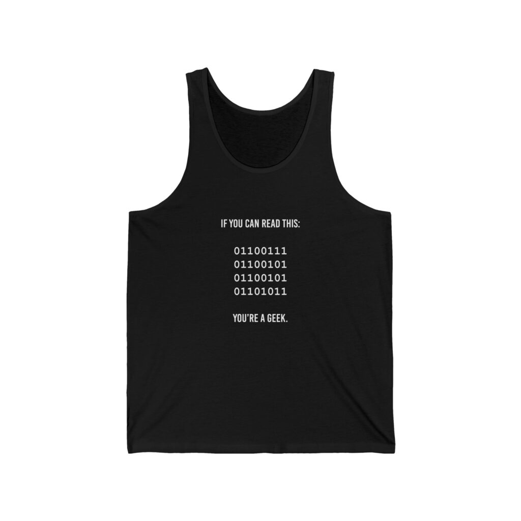 Geek Binary Code unisex tank in Black, front view