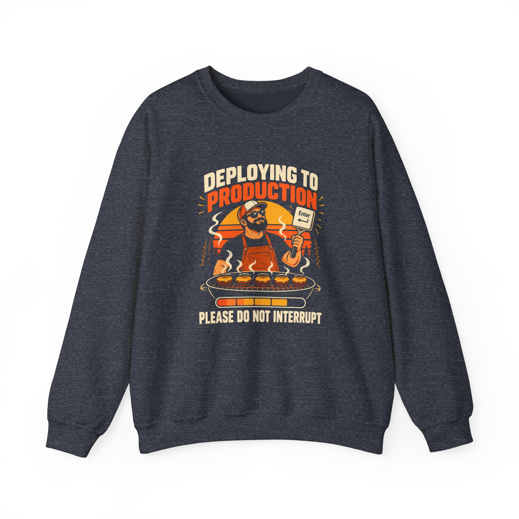 Deploying to Production crewneck sweatshirt in Heather Sport Dark Navy, front view