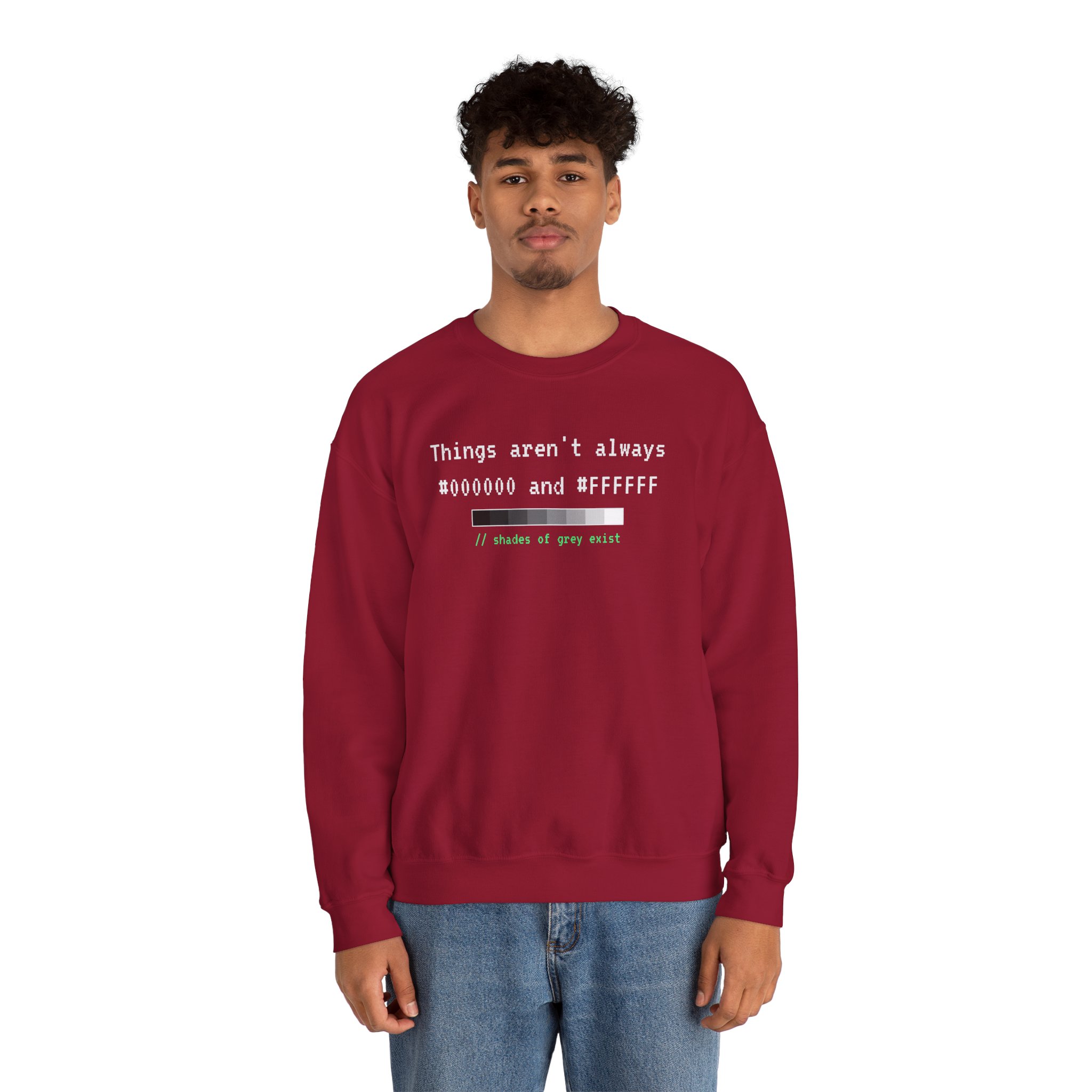 Shades of Grey Exist crewneck sweatshirt in Cardinal Red, worn by a model, second view